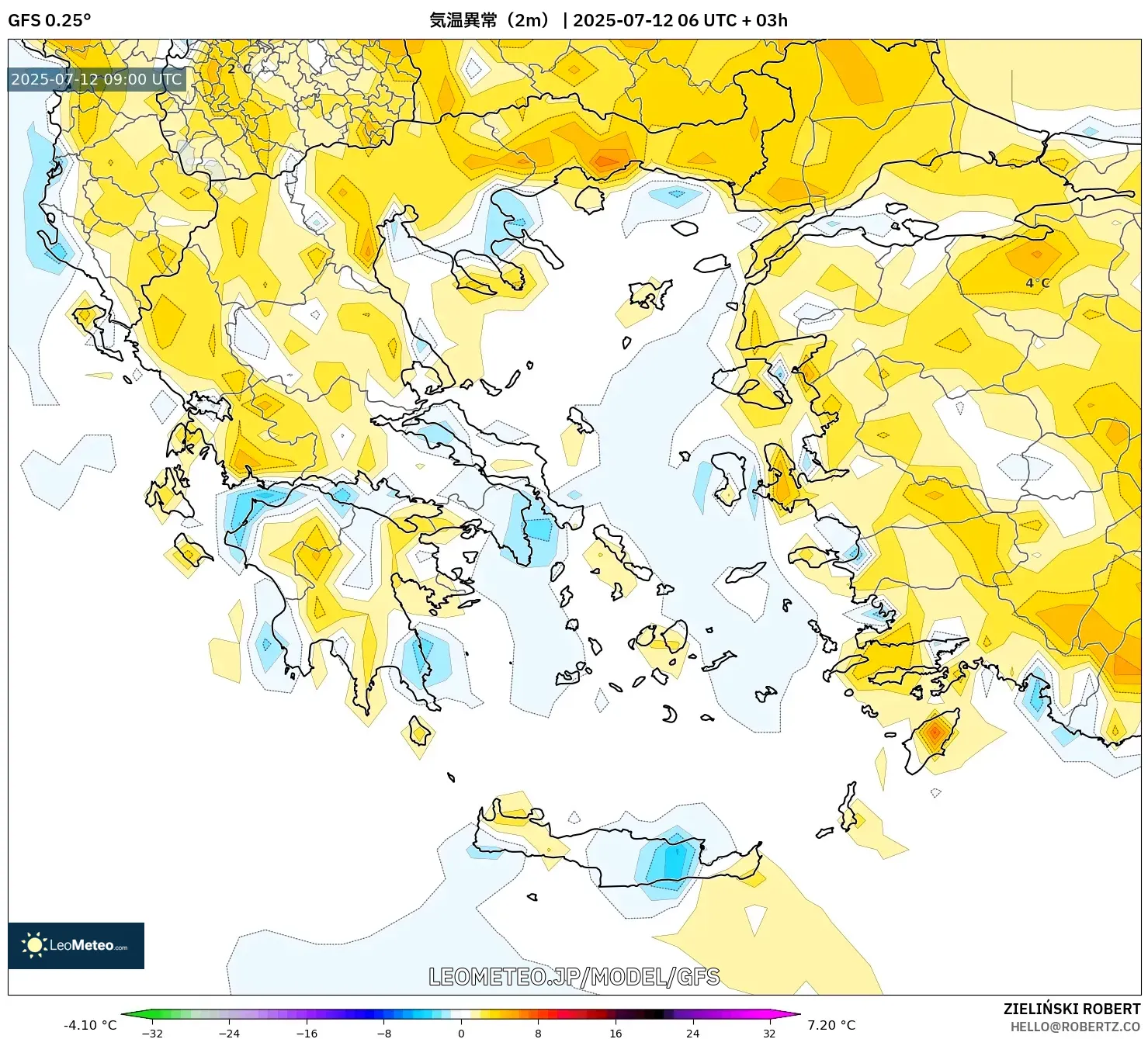 GFS model - ギリシャ, 気温異常(2m) GFS model - ギリシャ, 気温異常(2m)