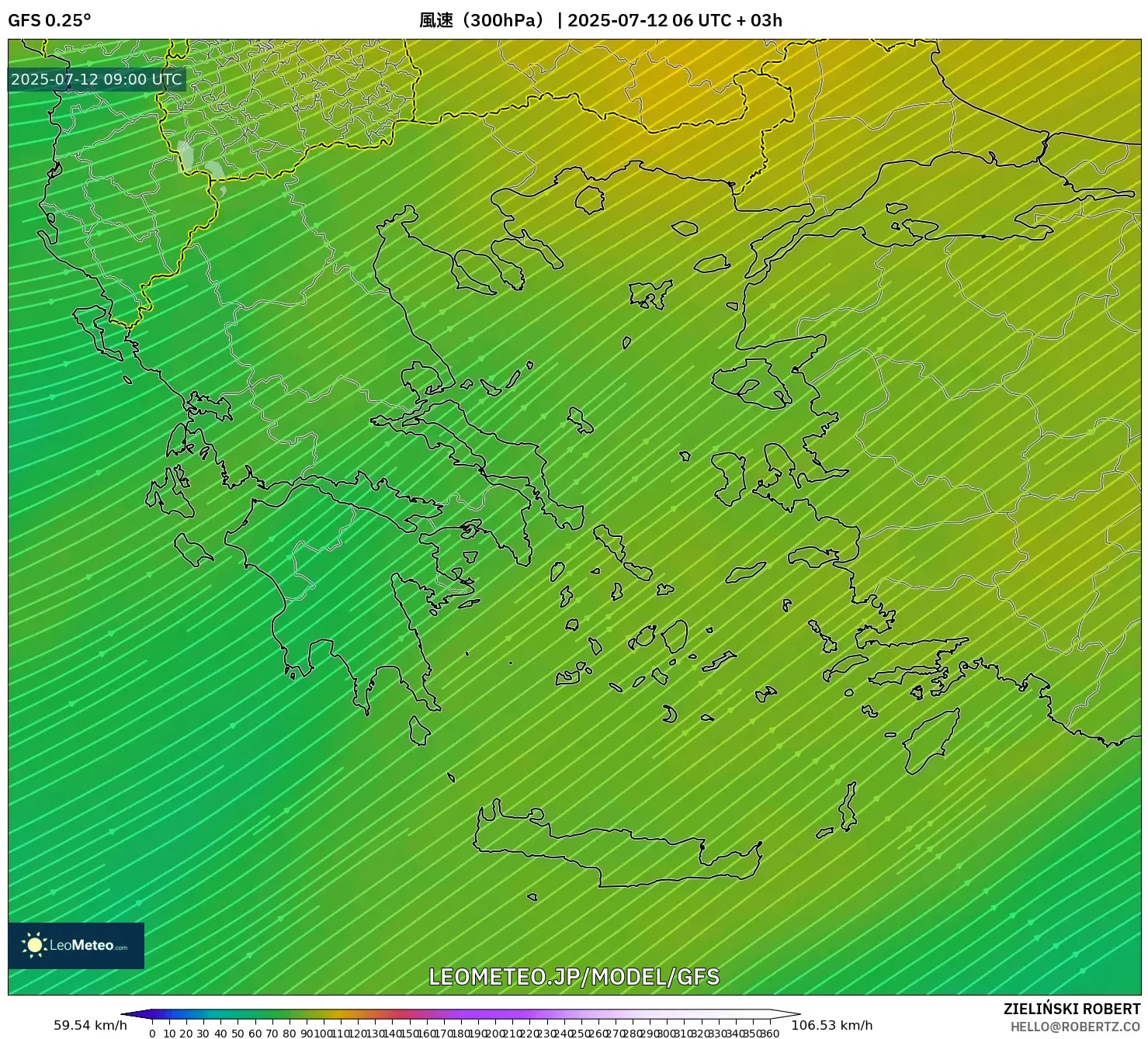 GFS model - ギリシャ, 風速(300hPa) GFS model - ギリシャ, 風速(300hPa)