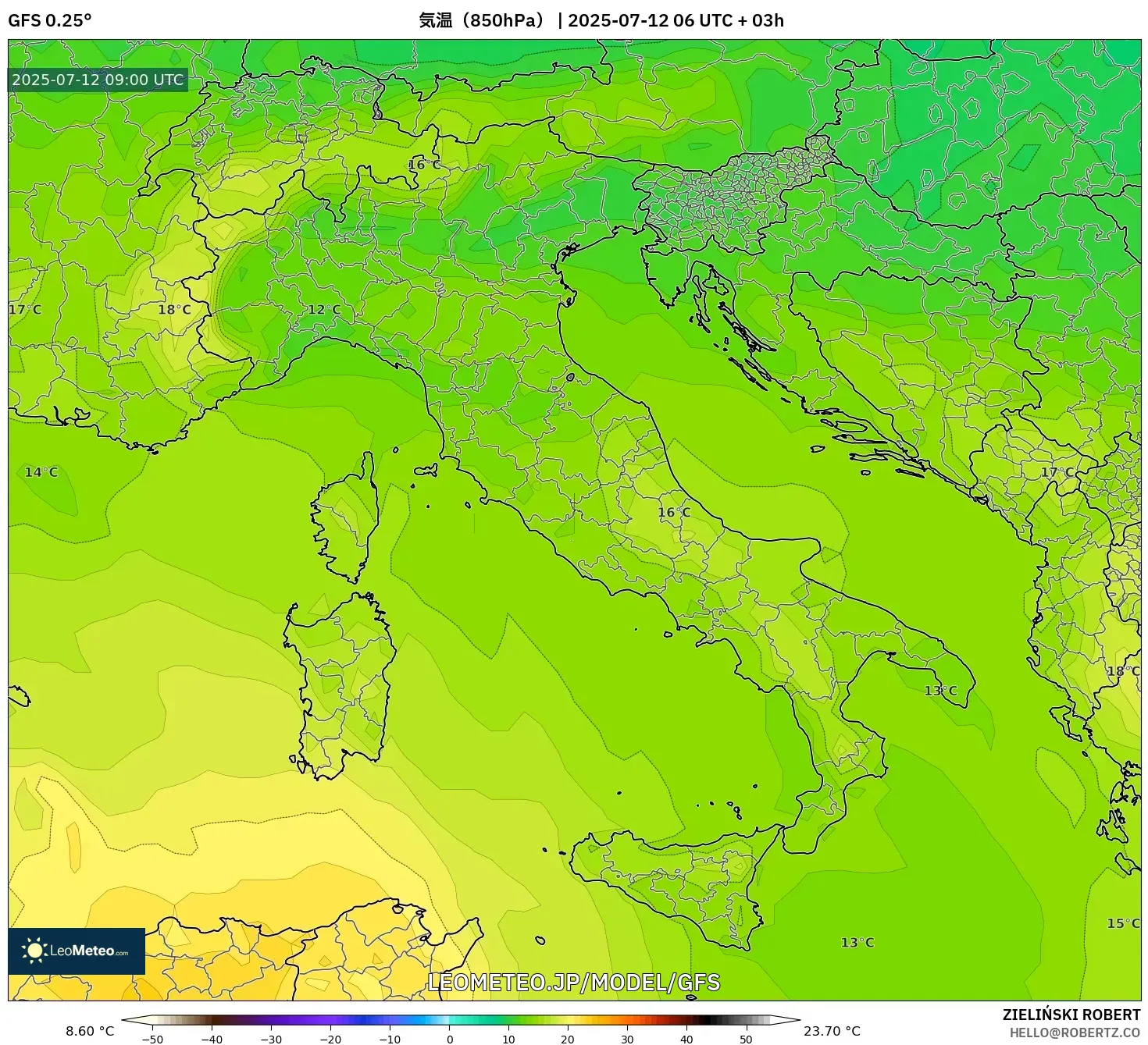 GFS model - イタリア, 気温(850hPa) GFS model - イタリア, 気温(850hPa)