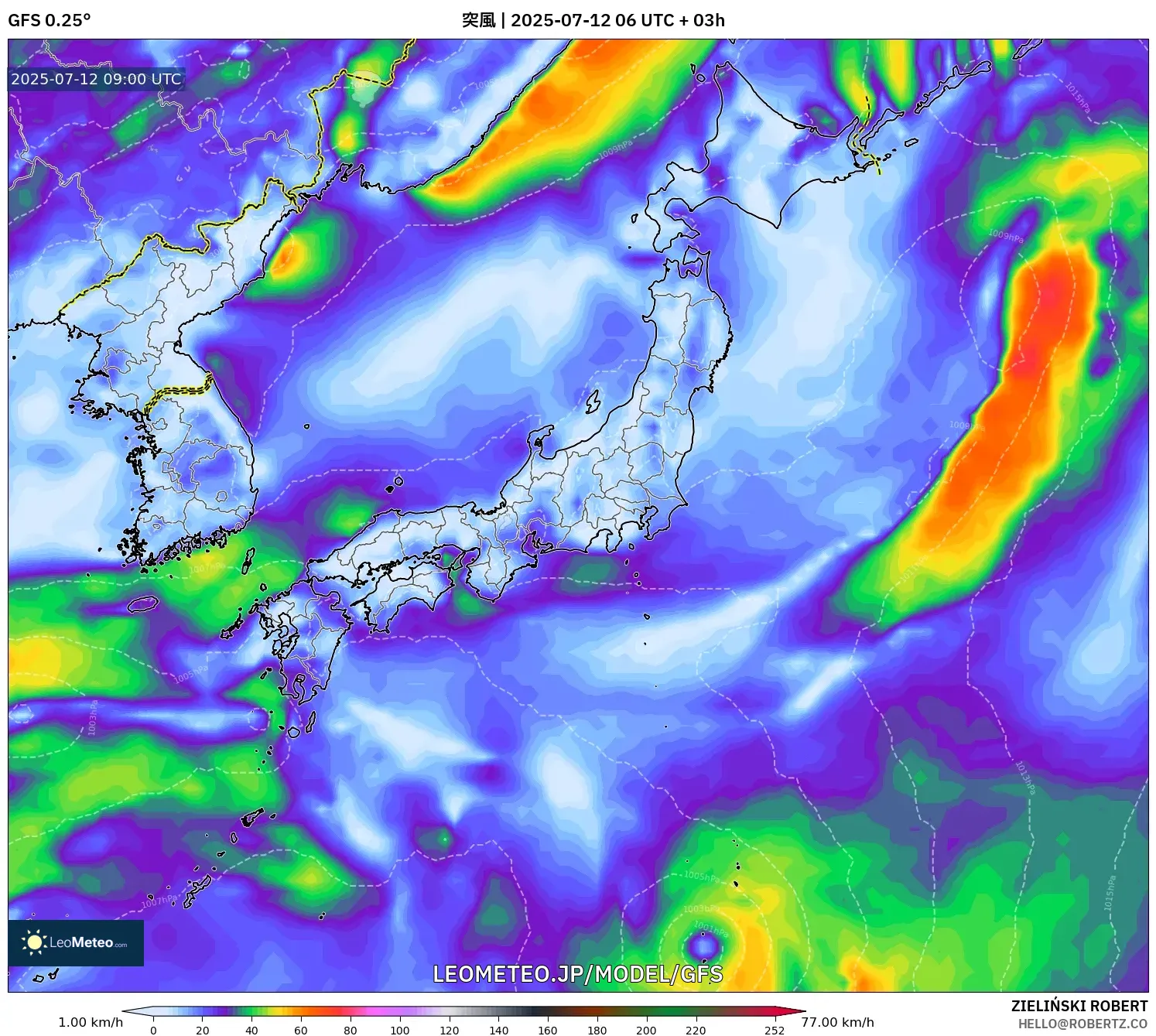 GFS model - 日本, 突風 GFS model - 日本, 突風