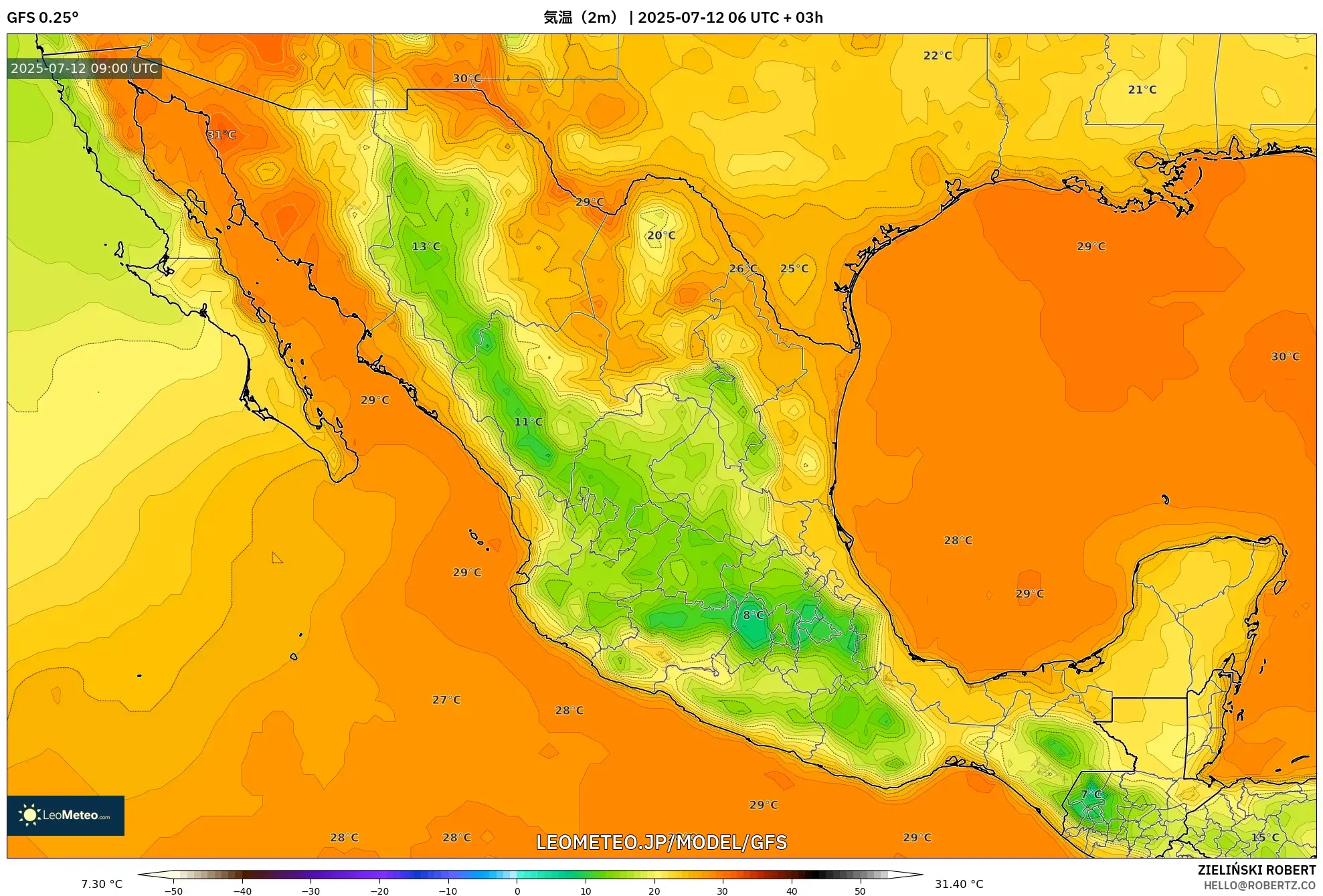 GFS model - メキシコ, 気温（2m）