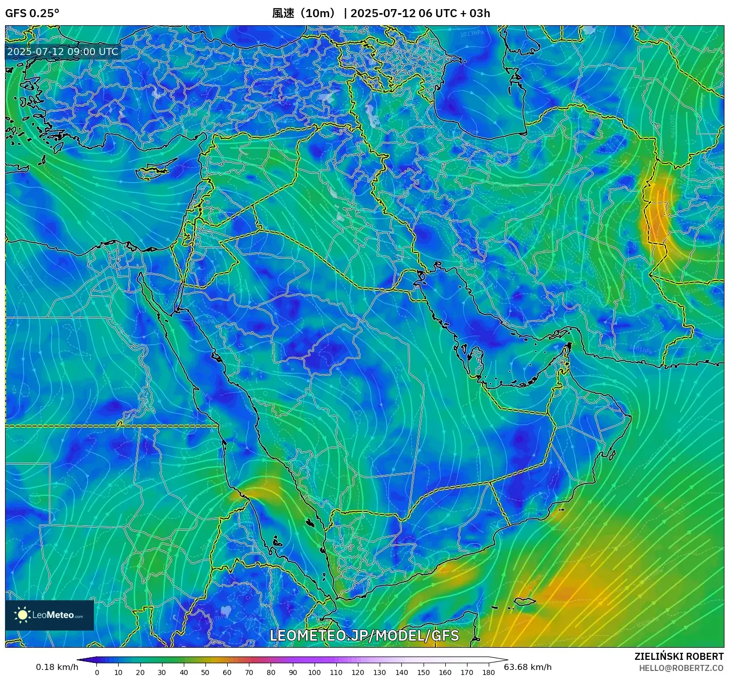 GFS model - 中東, 風速(10m) GFS model - 中東, 風速(10m)