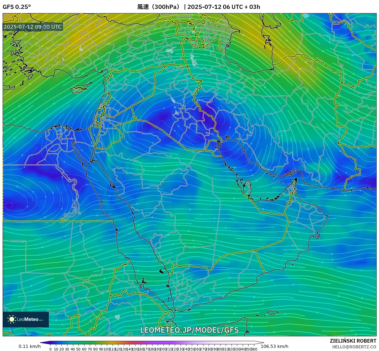 GFS model - 中東, 風速(300hPa) GFS model - 中東, 風速(300hPa)