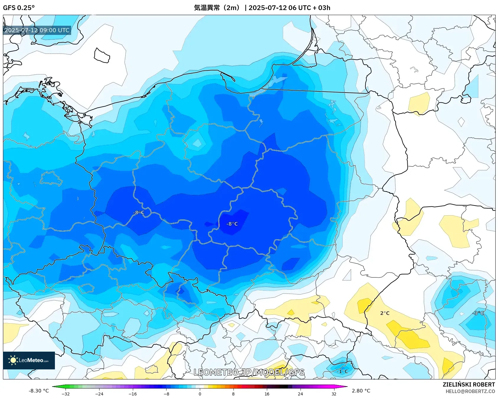 GFS model - ポーランド, 気温異常(2m) GFS model - ポーランド, 気温異常(2m)