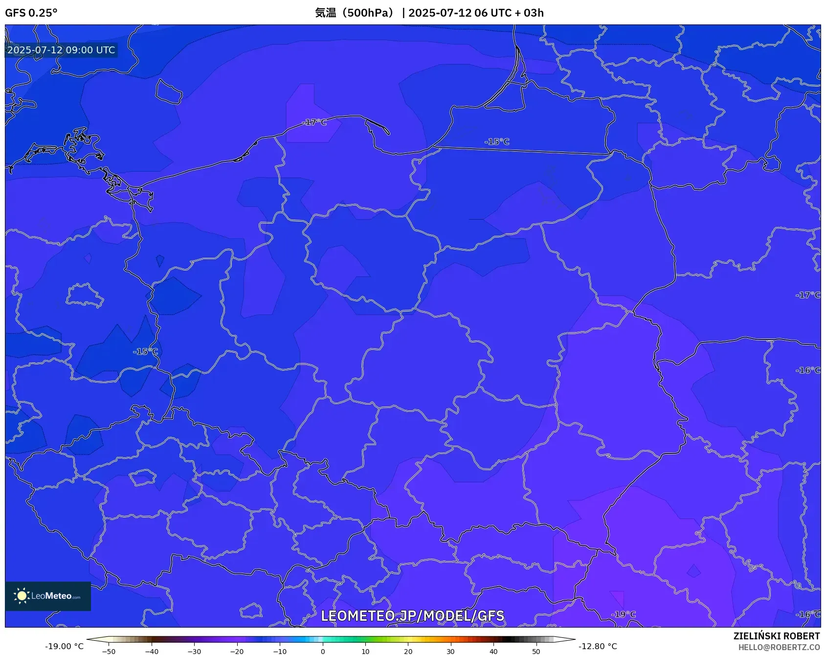 GFS model - ポーランド, 気温（500hPa）