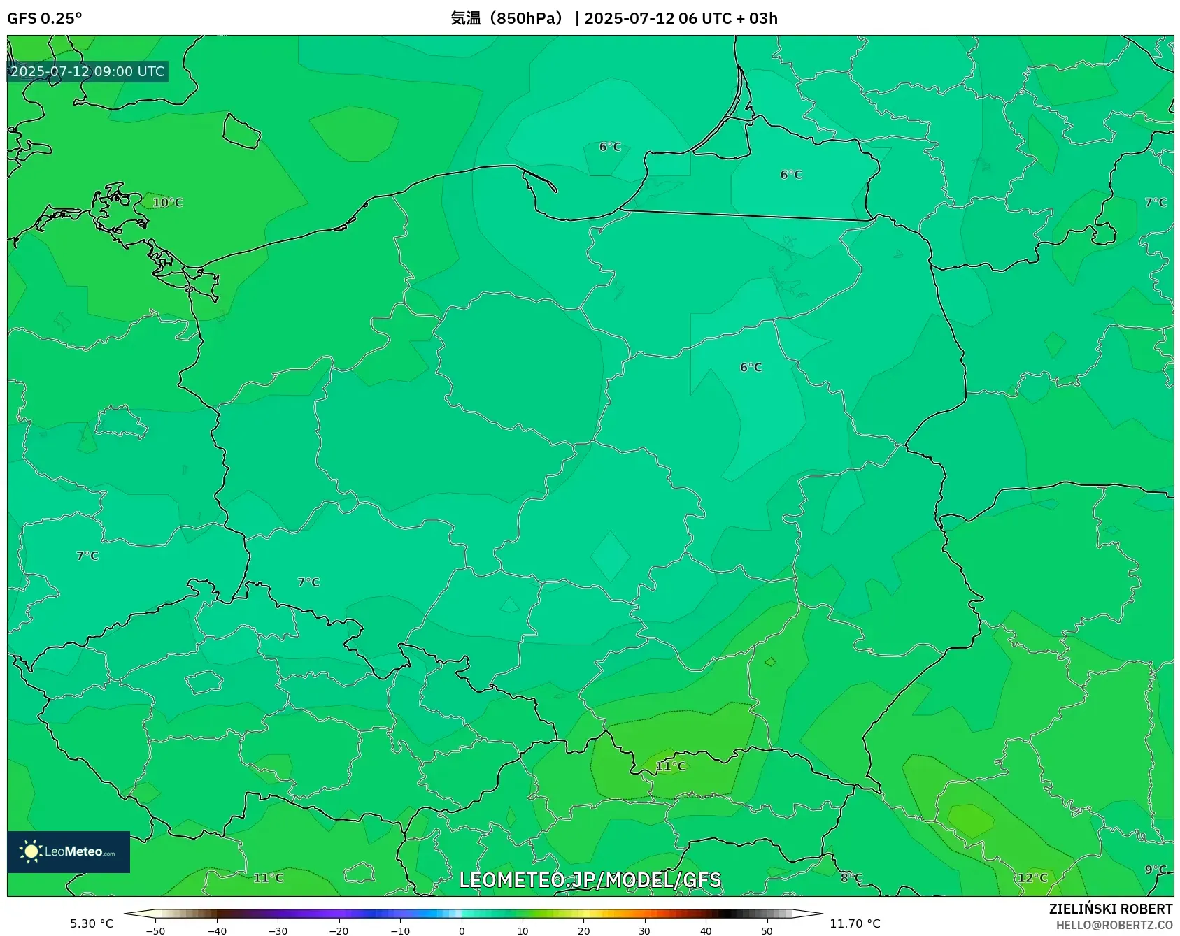 GFS model - ポーランド, 気温(850hPa) GFS model - ポーランド, 気温(850hPa)