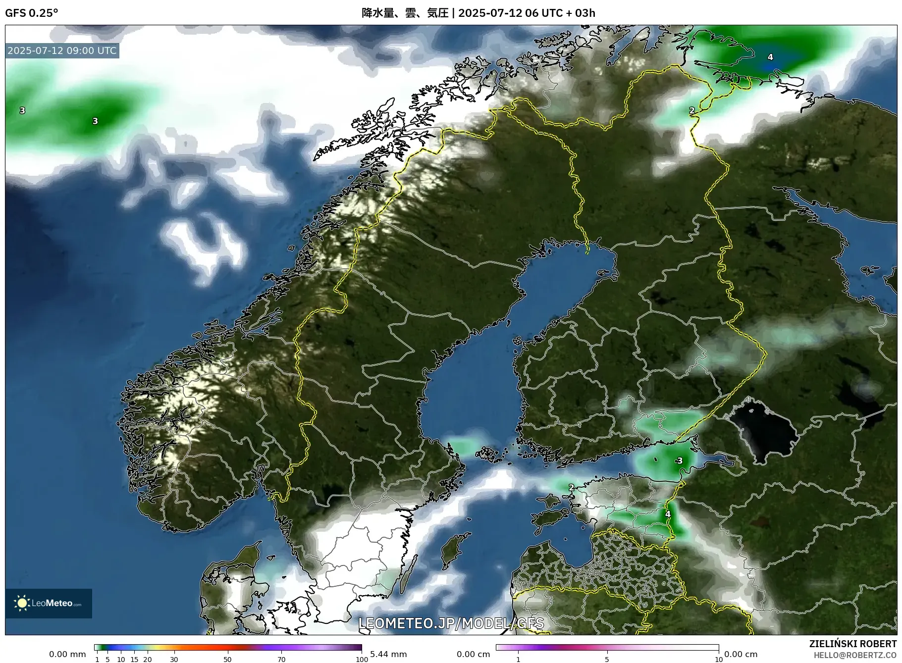 GFS model - スカンジナビア, 降水量、雲、気圧 GFS model - スカンジナビア, 降水量、雲、気圧