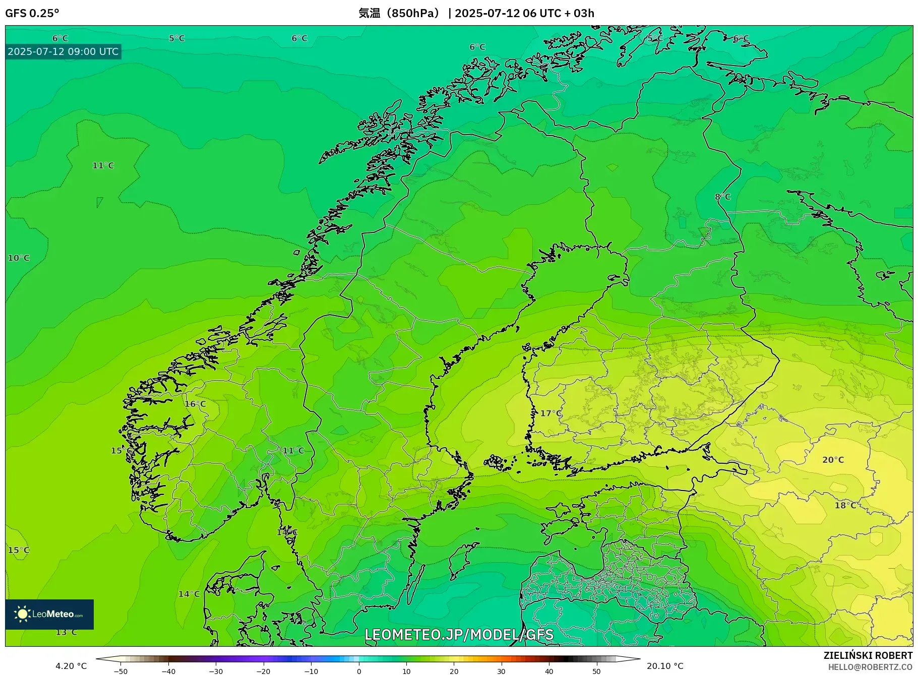 GFS model - スカンジナビア, 気温(850hPa) GFS model - スカンジナビア, 気温(850hPa)