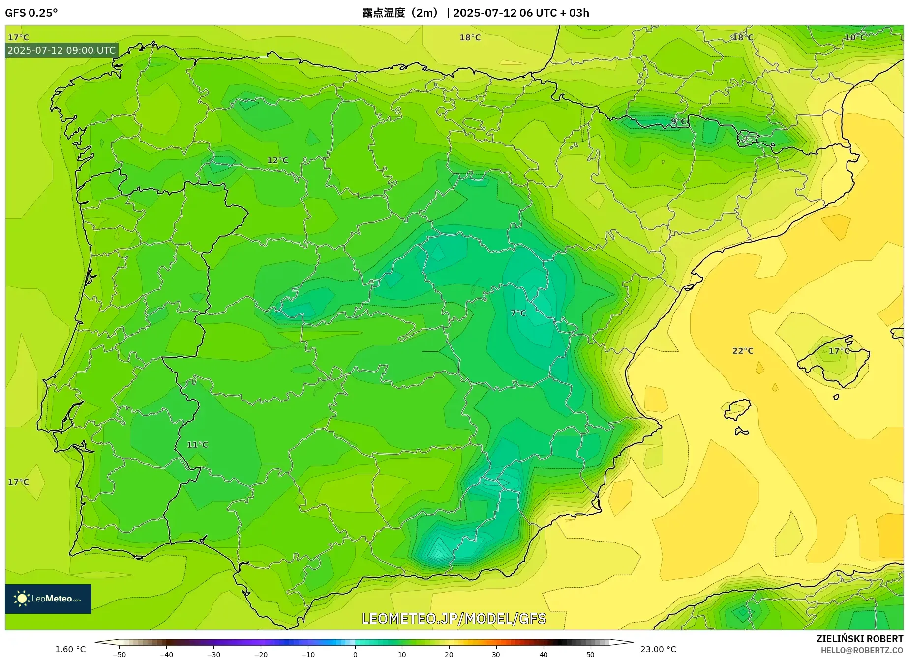 GFS model - スペイン, 露点温度(2m) GFS model - スペイン, 露点温度(2m)