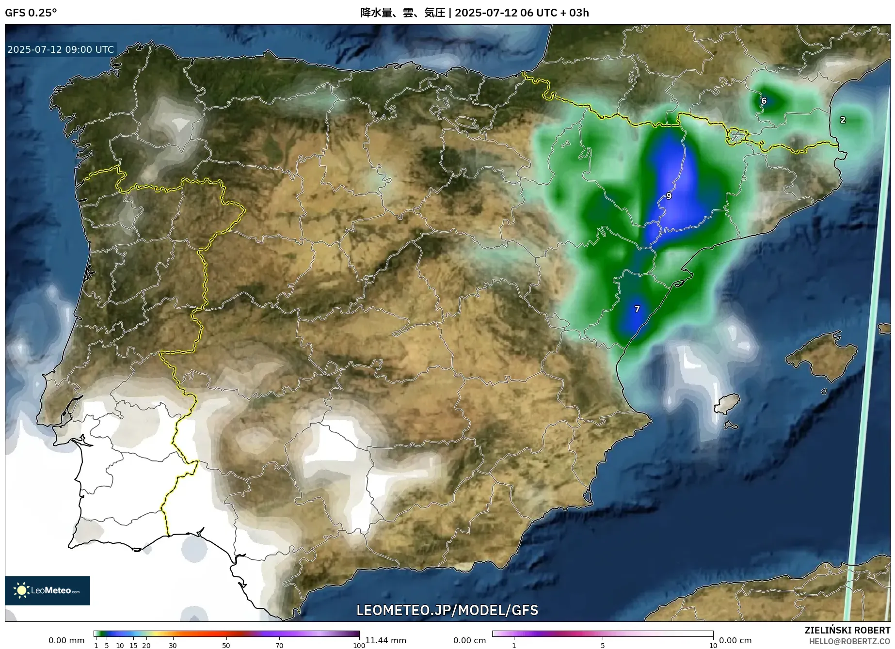 GFS model - スペイン, 降水量、雲、気圧 GFS model - スペイン, 降水量、雲、気圧