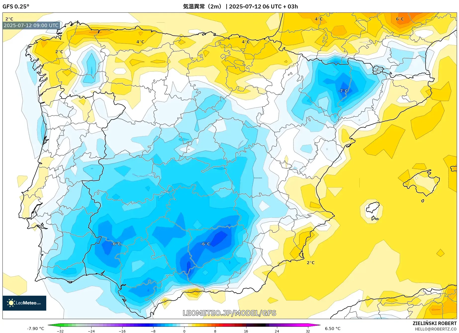 GFS model - スペイン, 気温異常(2m) GFS model - スペイン, 気温異常(2m)