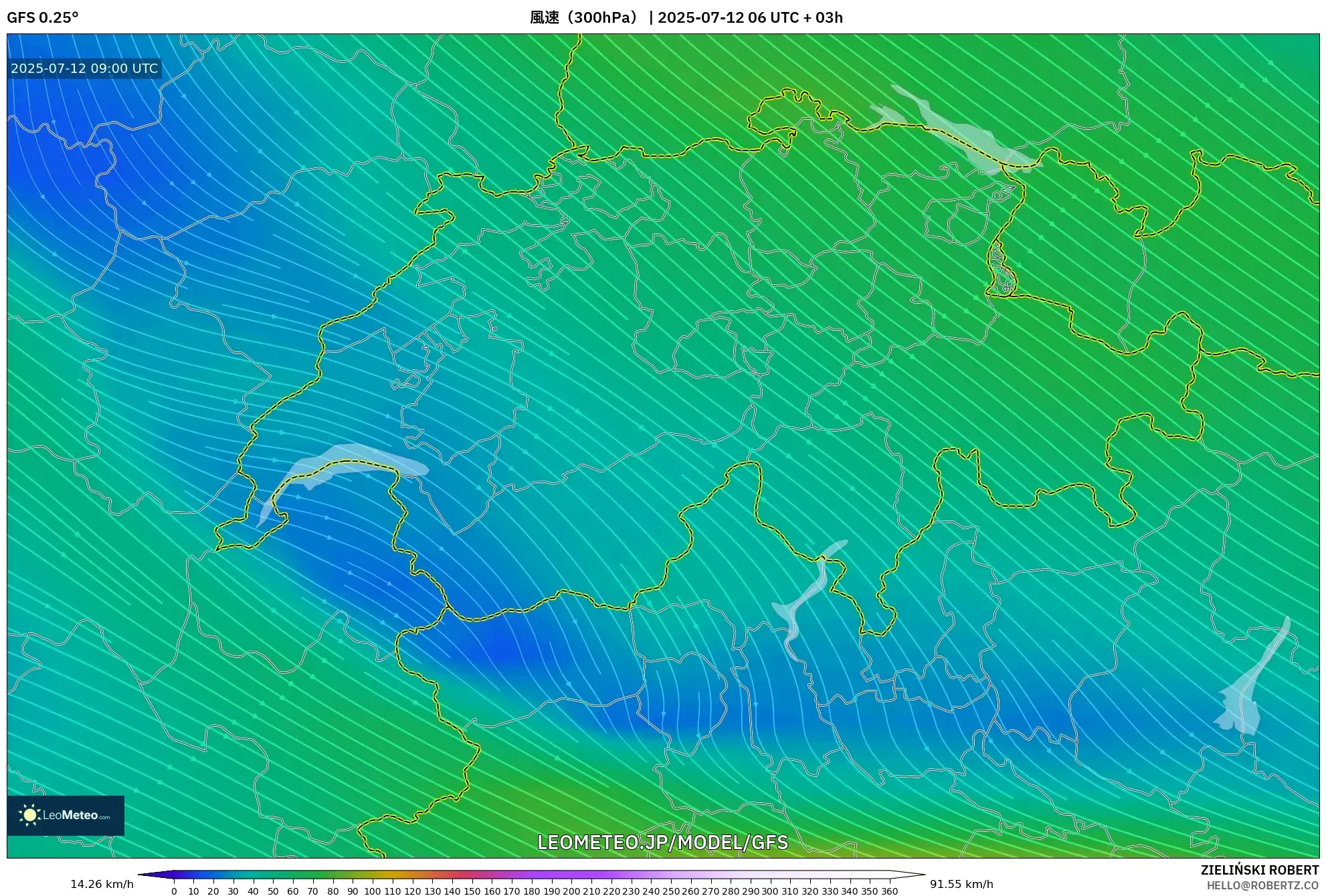 GFS model - スイス, 風速(300hPa) GFS model - スイス, 風速(300hPa)