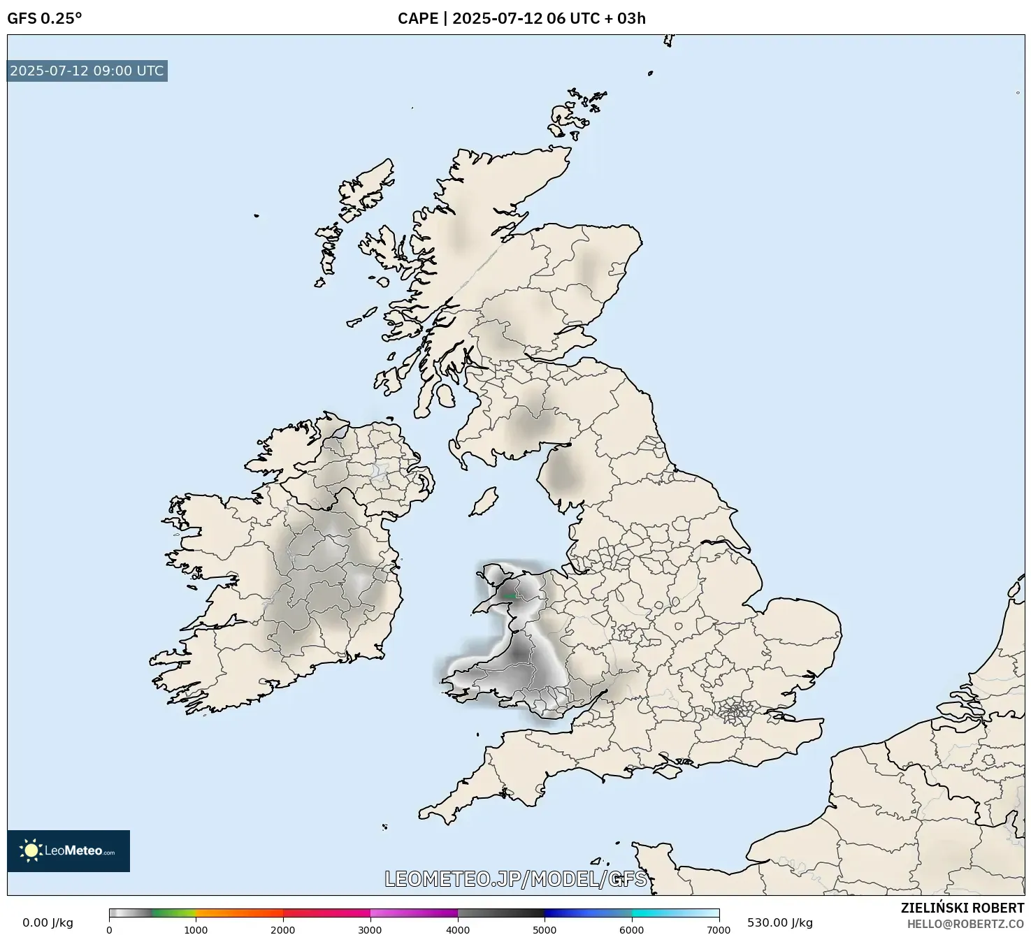 GFS model - イギリス, CAPE GFS model - イギリス, CAPE