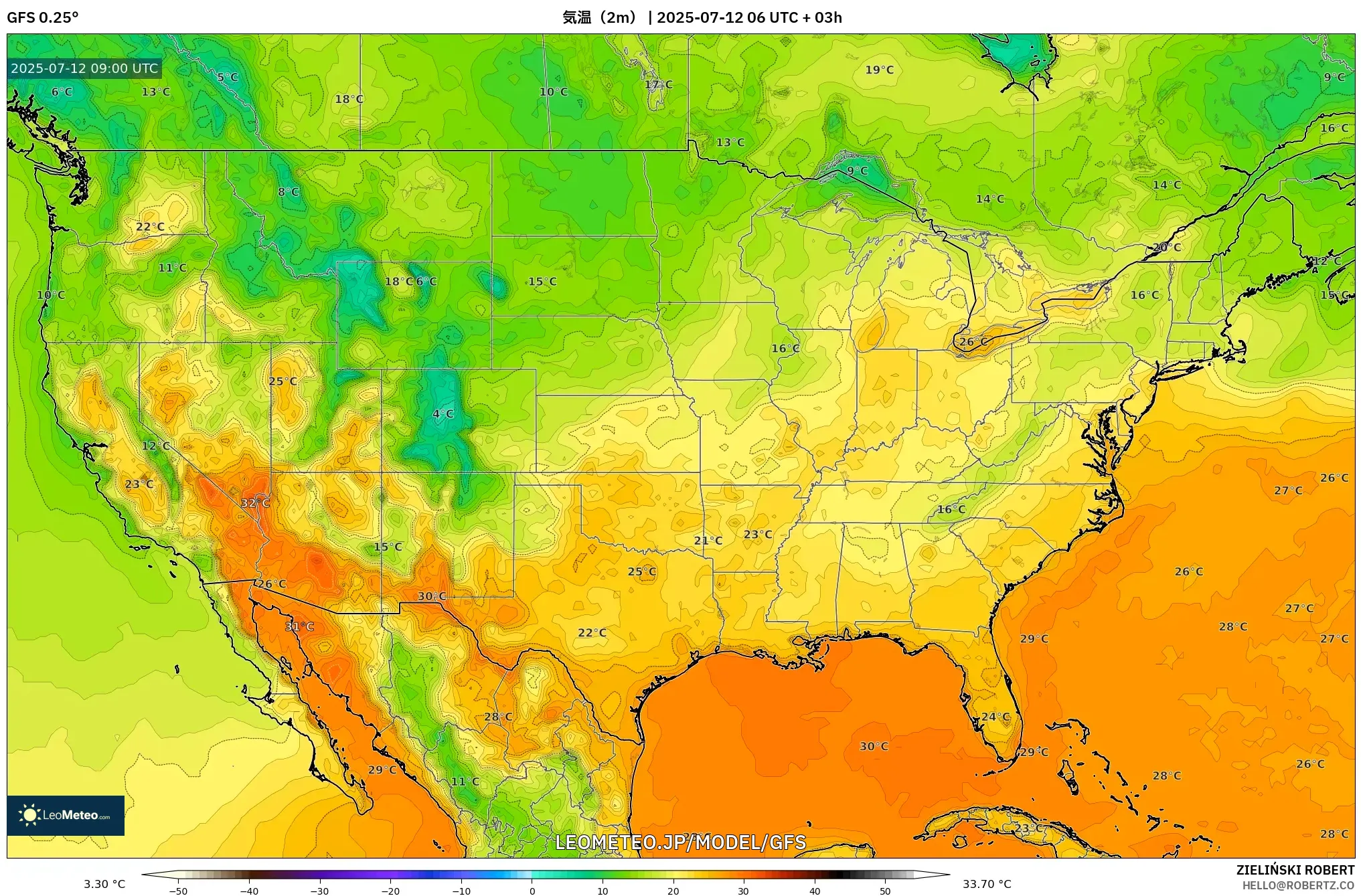 GFS model - アメリカ合衆国, 気温(2m) GFS model - アメリカ合衆国, 気温(2m)