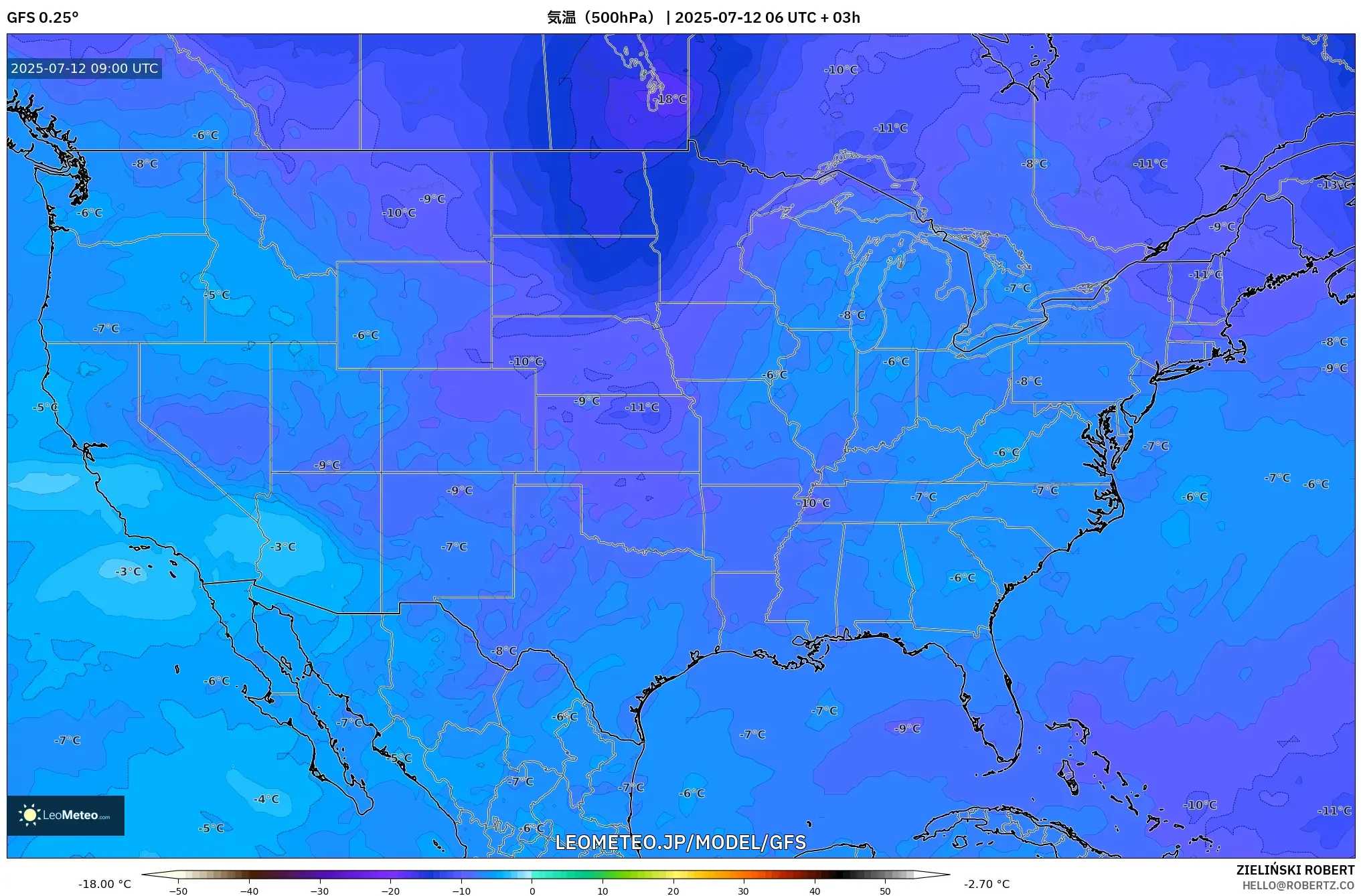 GFS model - アメリカ合衆国, 気温(500hPa) GFS model - アメリカ合衆国, 気温(500hPa)