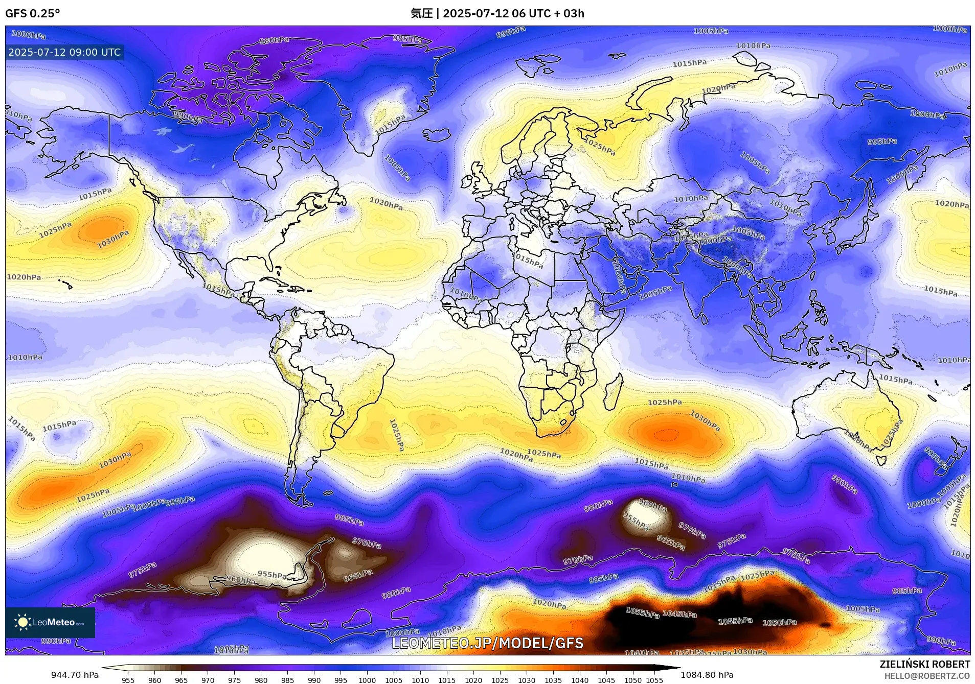 GFS model - 世界, 気圧 GFS model - 世界, 気圧