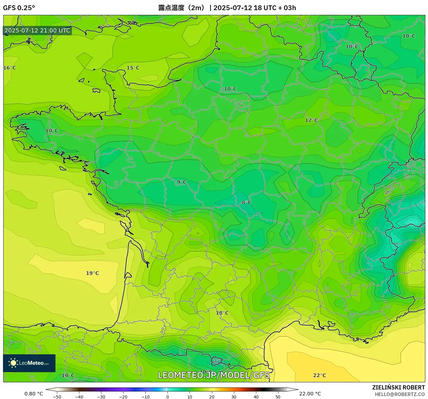 GFS model - フランス, 露点温度(2m) GFS model - フランス, 露点温度(2m)