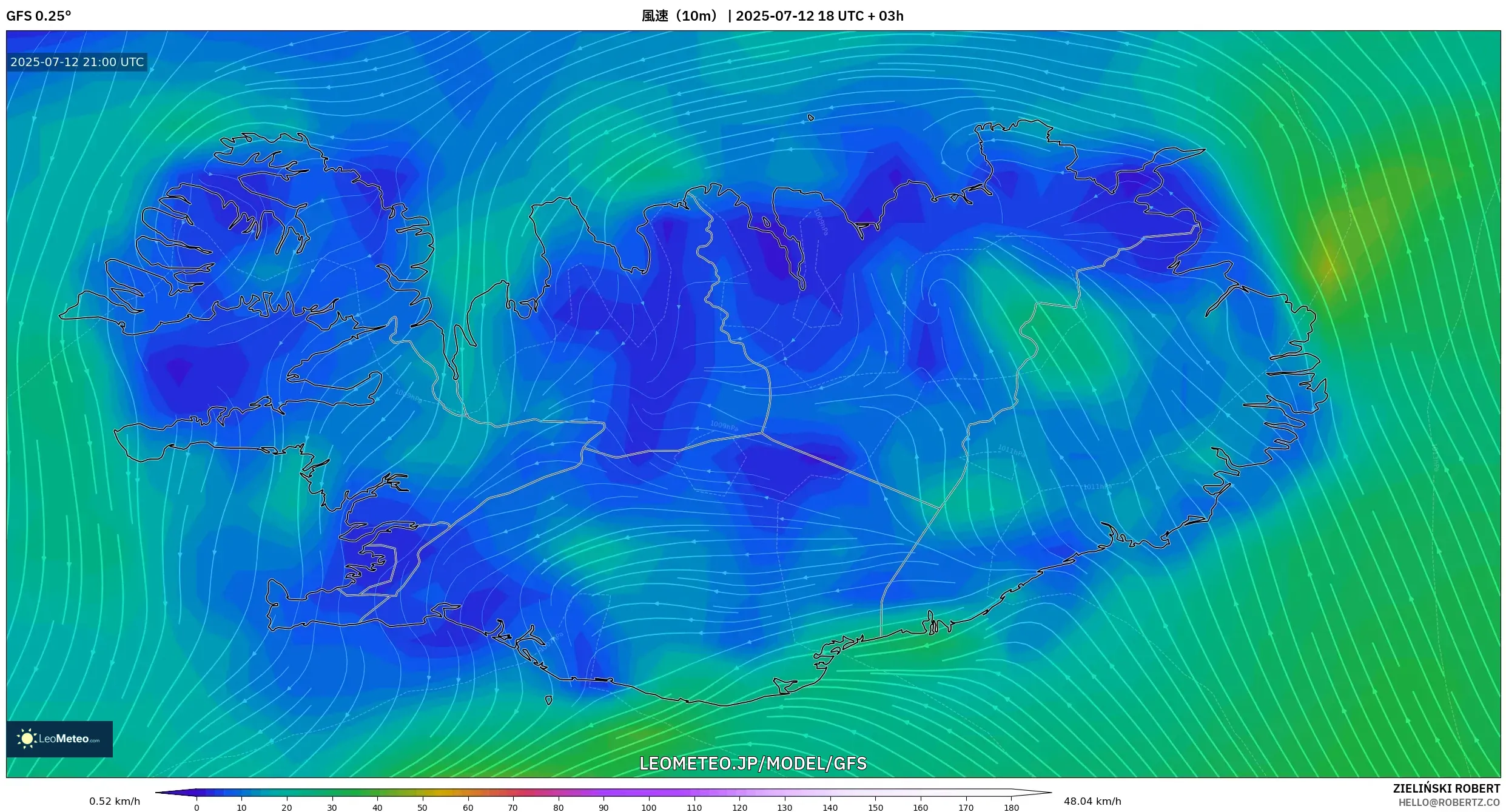 GFS model - アイスランド, 風速(10m) GFS model - アイスランド, 風速(10m)