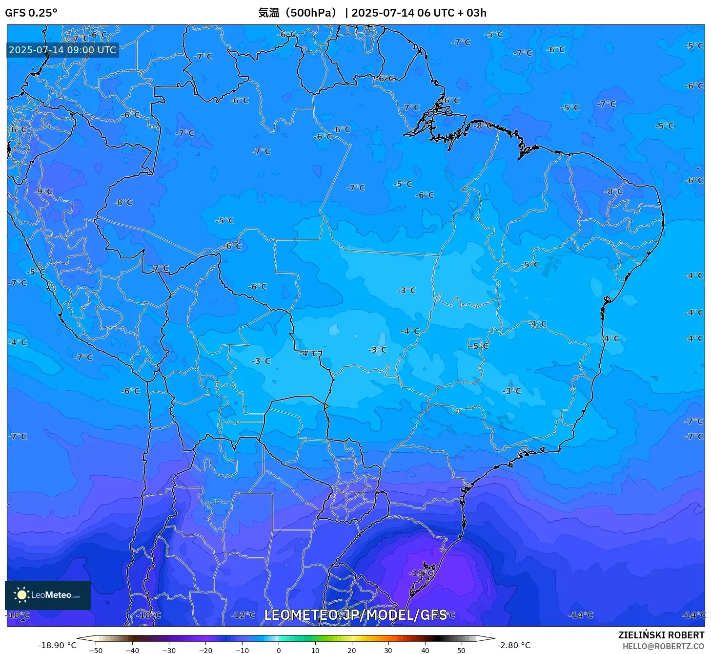 GFS model - ブラジル, 気温(500hPa) GFS model - ブラジル, 気温(500hPa)