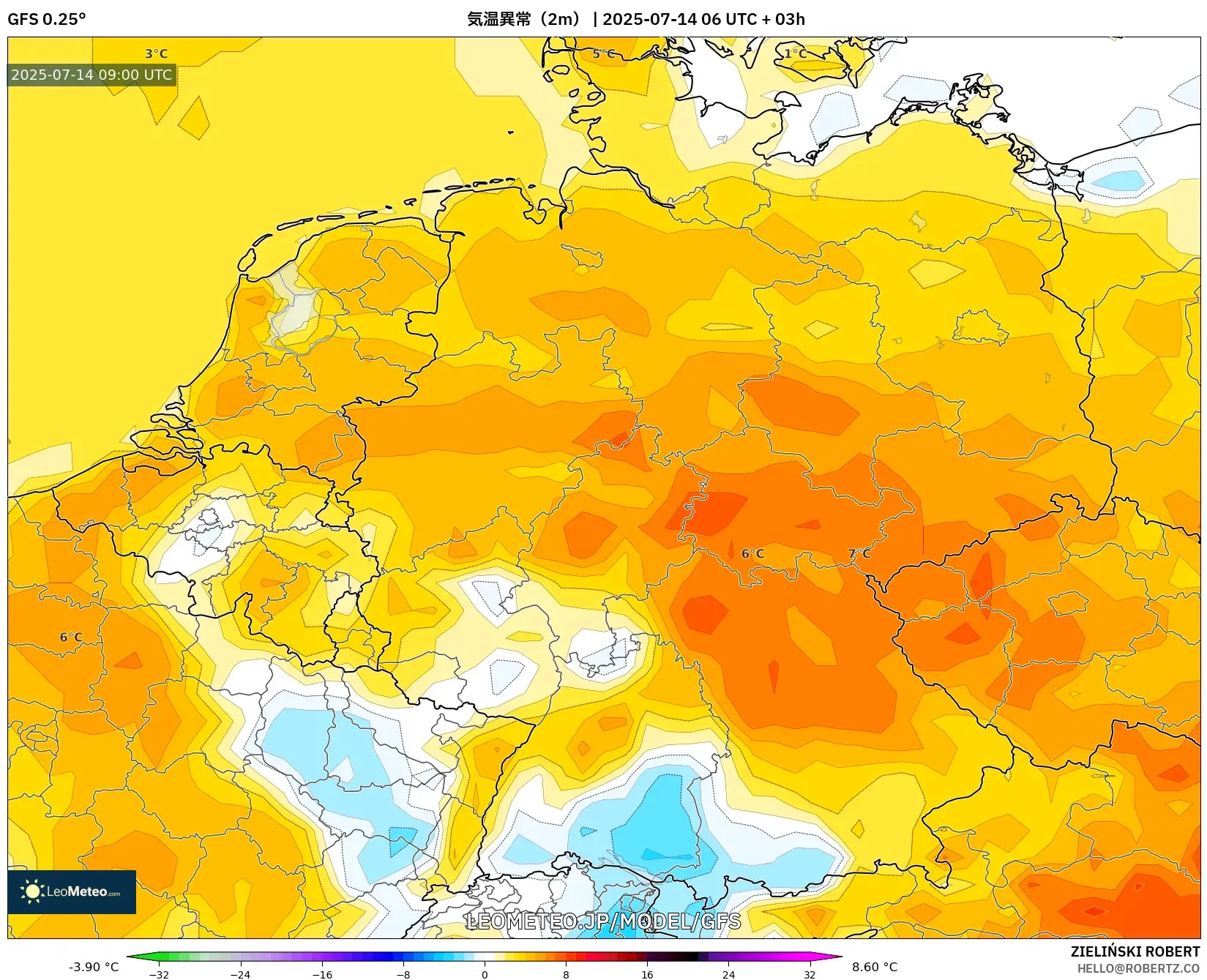 GFS model - ドイツ, 気温異常(2m) GFS model - ドイツ, 気温異常(2m)