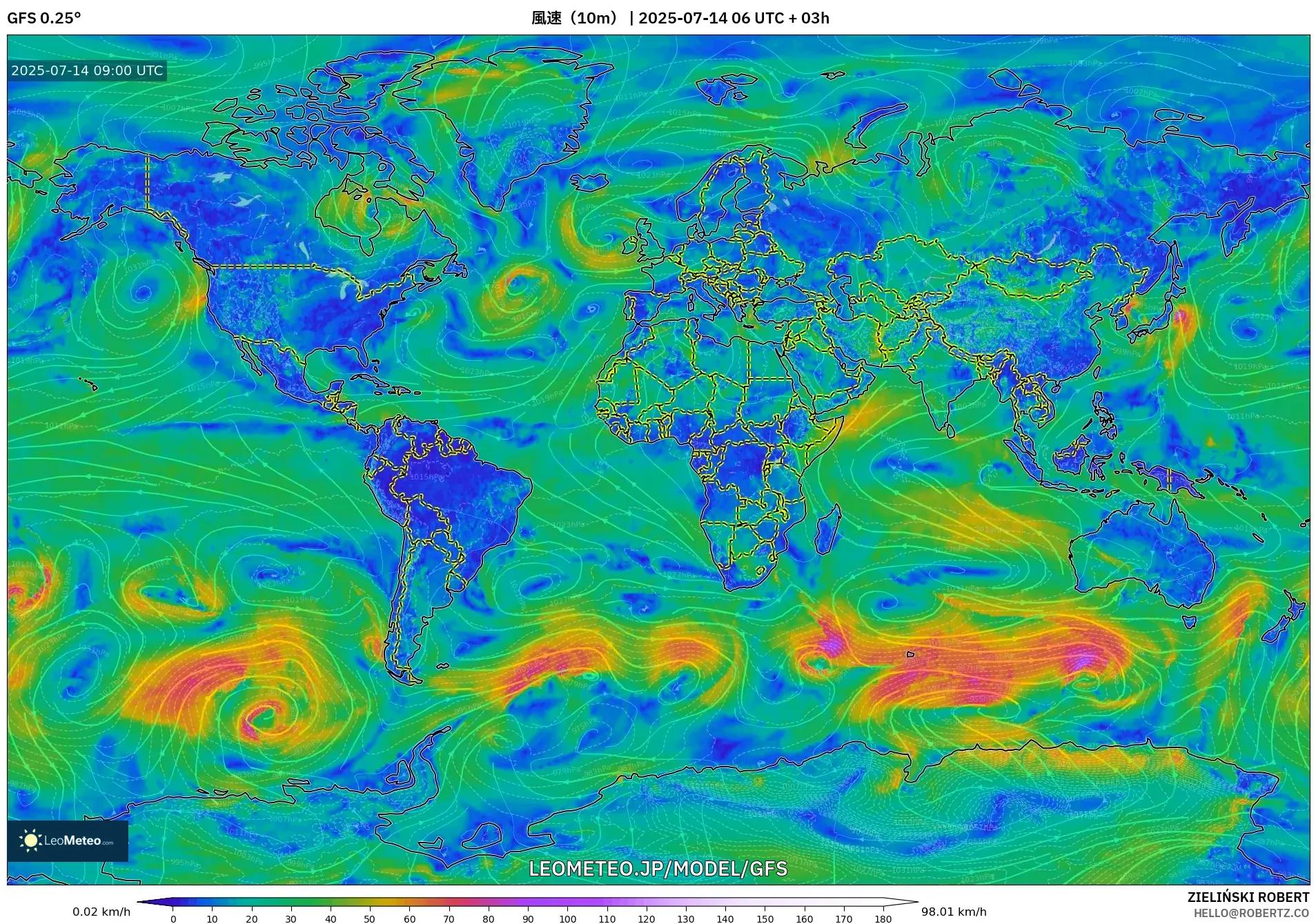 GFS model - 世界, 風速(10m) GFS model - 世界, 風速(10m)