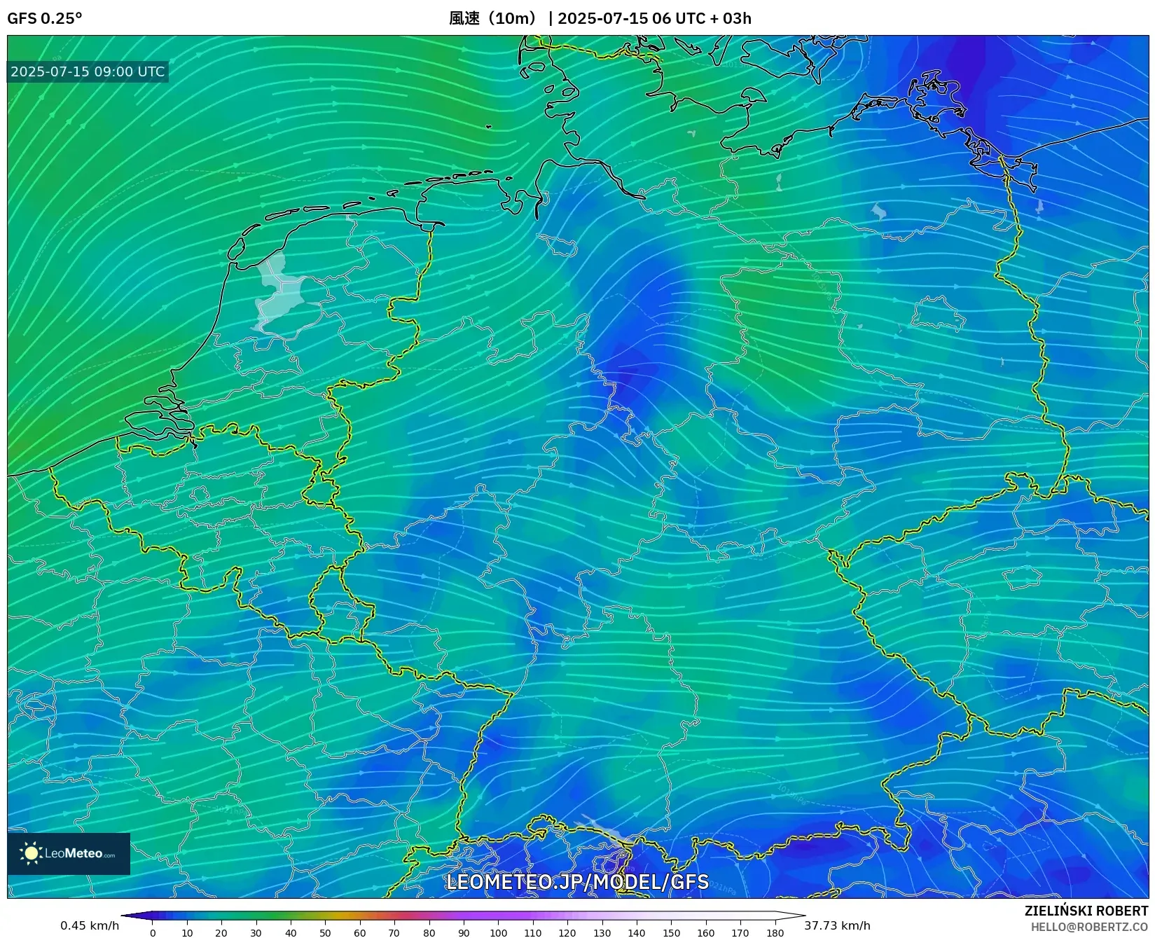 GFS model - ドイツ, 風速(10m) GFS model - ドイツ, 風速(10m)
