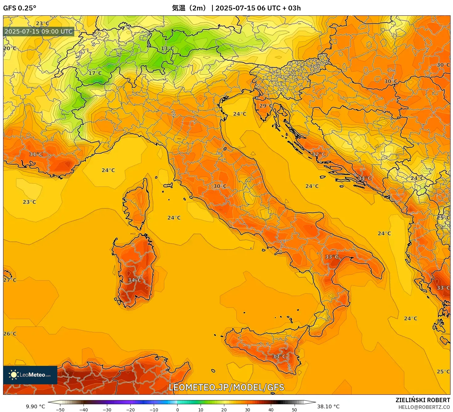 GFS model - イタリア, 気温(2m) GFS model - イタリア, 気温(2m)