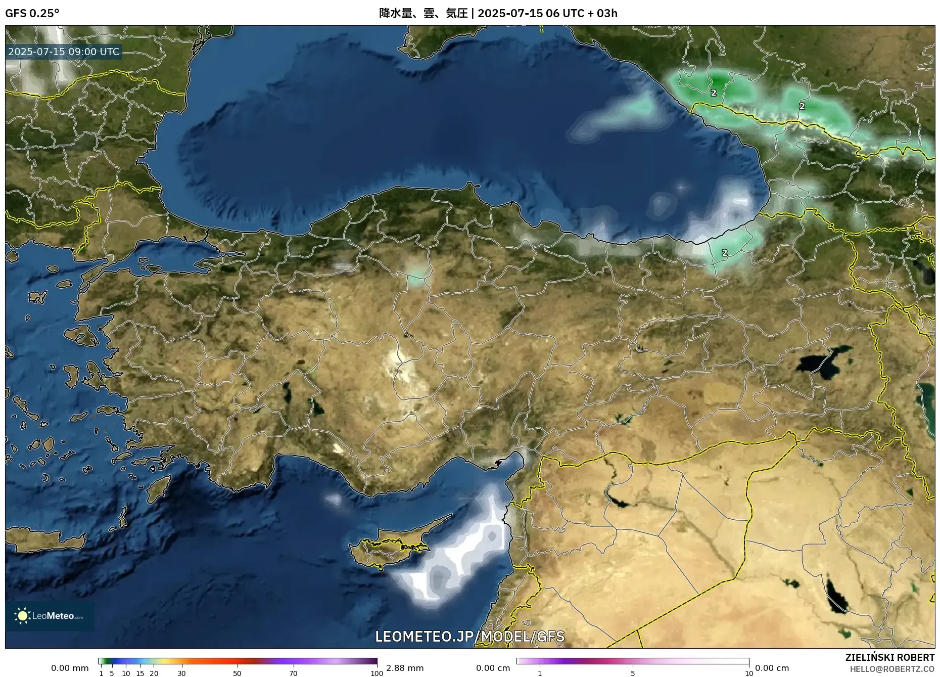 GFS model - トルコ, 降水量、雲、気圧 GFS model - トルコ, 降水量、雲、気圧