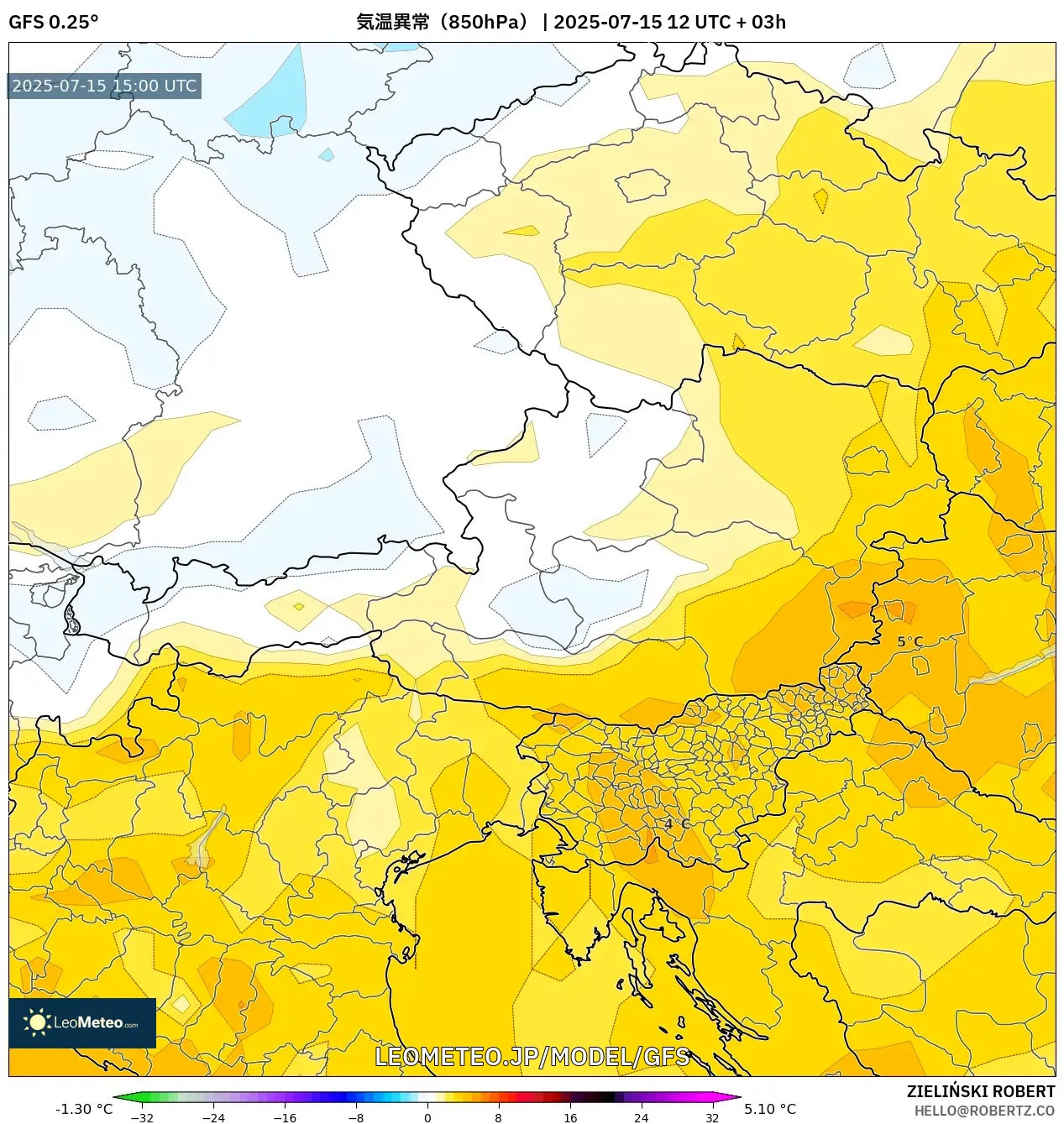 GFS model - オーストリア, 気温異常(850hPa) GFS model - オーストリア, 気温異常(850hPa)
