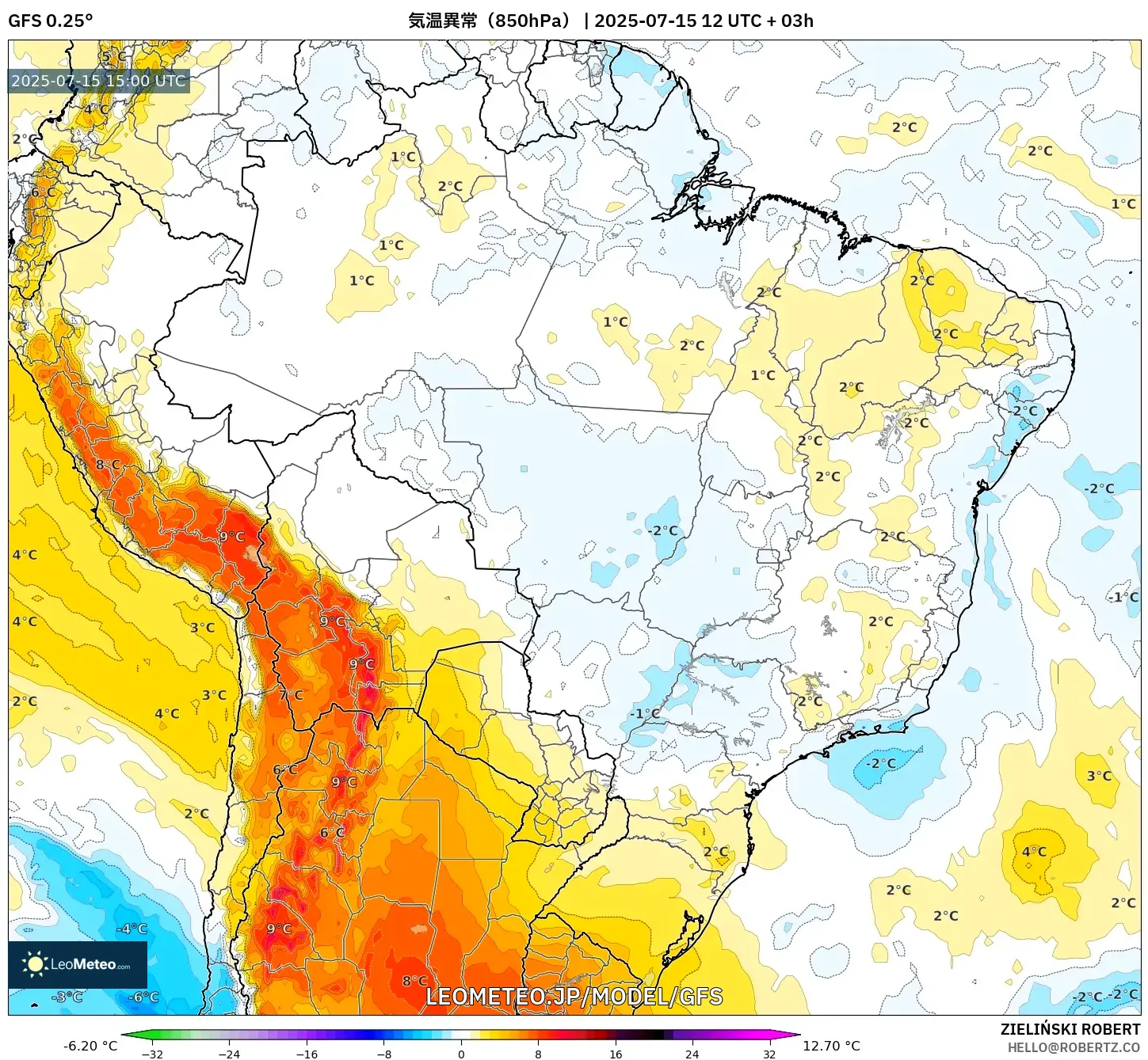 GFS model - ブラジル, 気温異常(850hPa) GFS model - ブラジル, 気温異常(850hPa)