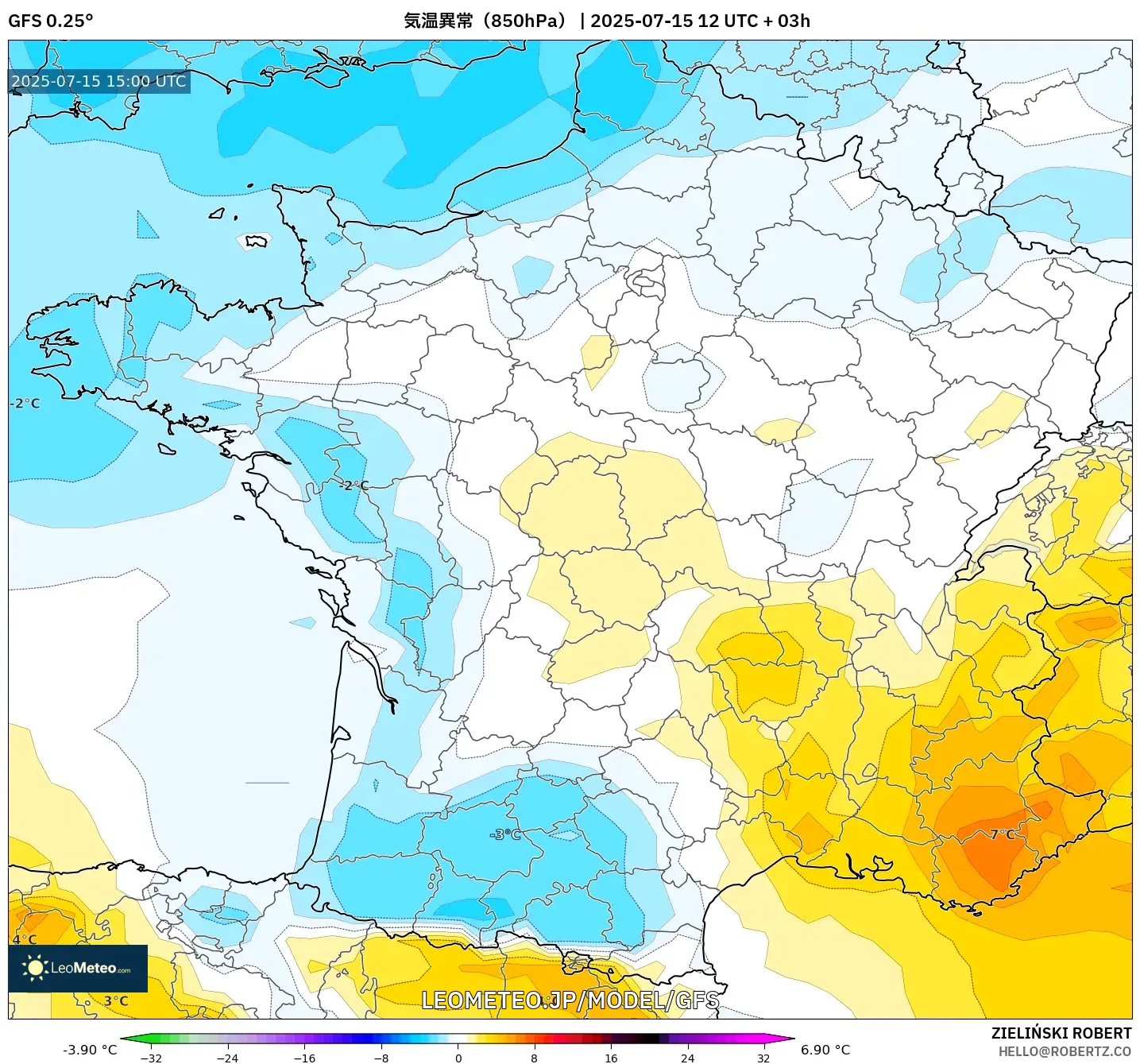 GFS model - フランス, 気温異常(850hPa) GFS model - フランス, 気温異常(850hPa)