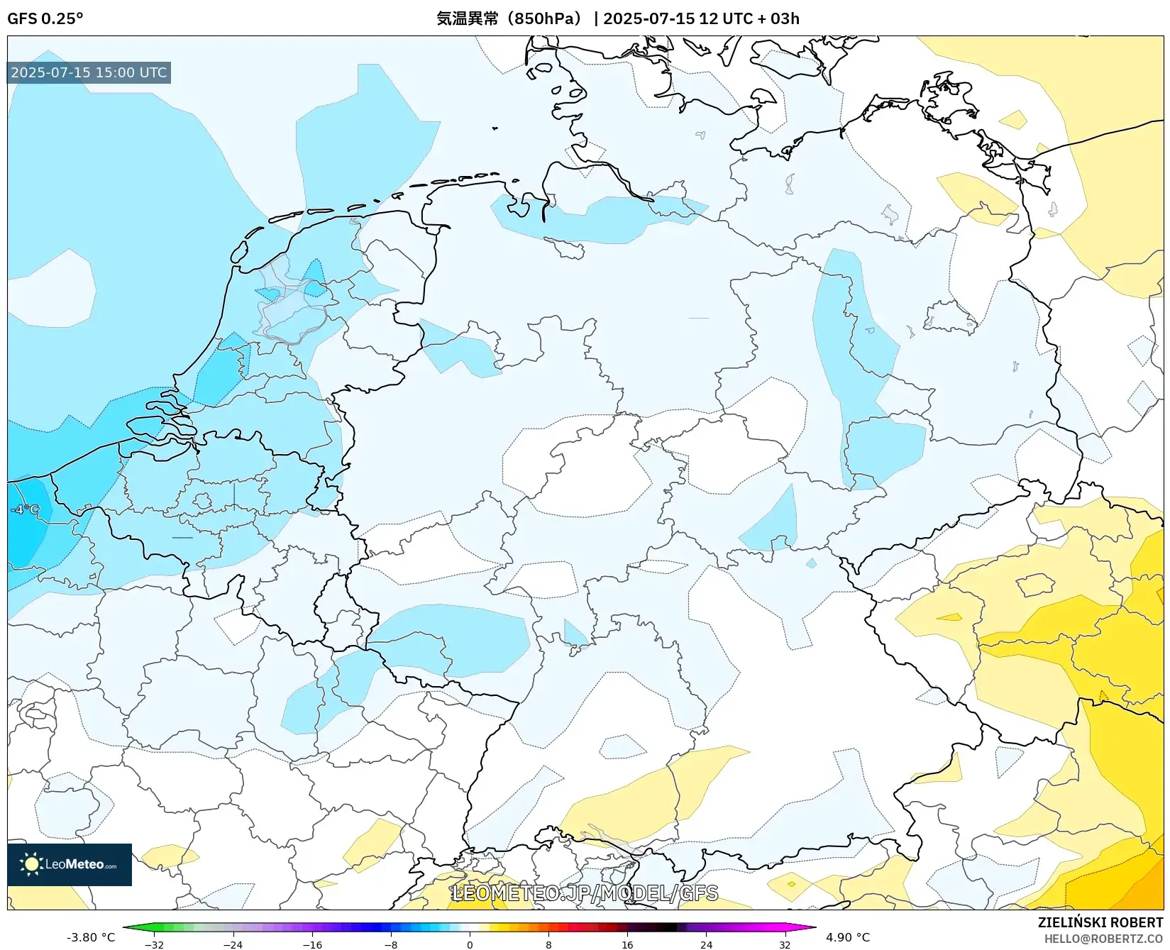 GFS model - ドイツ, 気温異常(850hPa) GFS model - ドイツ, 気温異常(850hPa)
