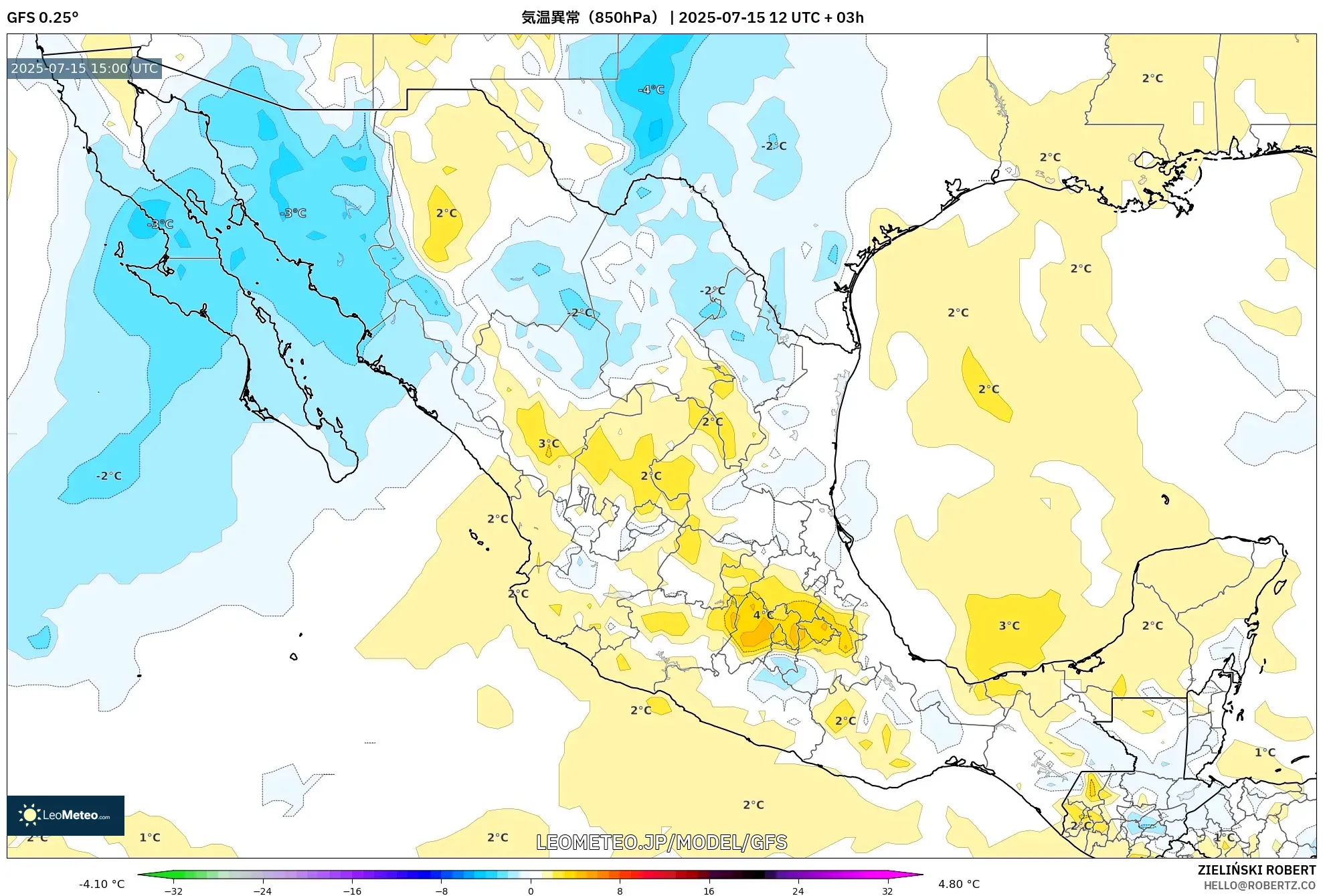 GFS model - メキシコ, 気温異常(850hPa) GFS model - メキシコ, 気温異常(850hPa)