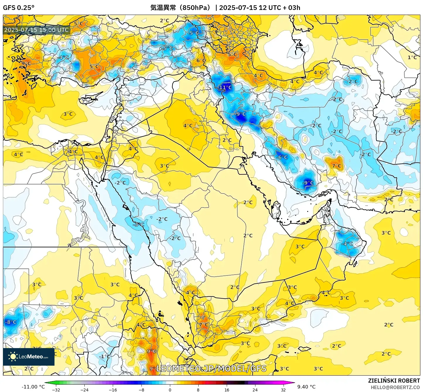 GFS model - 中東, 気温異常(850hPa) GFS model - 中東, 気温異常(850hPa)