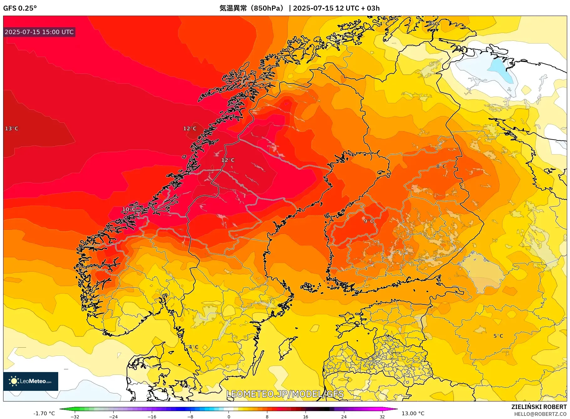 GFS model - スカンジナビア, 気温異常(850hPa) GFS model - スカンジナビア, 気温異常(850hPa)
