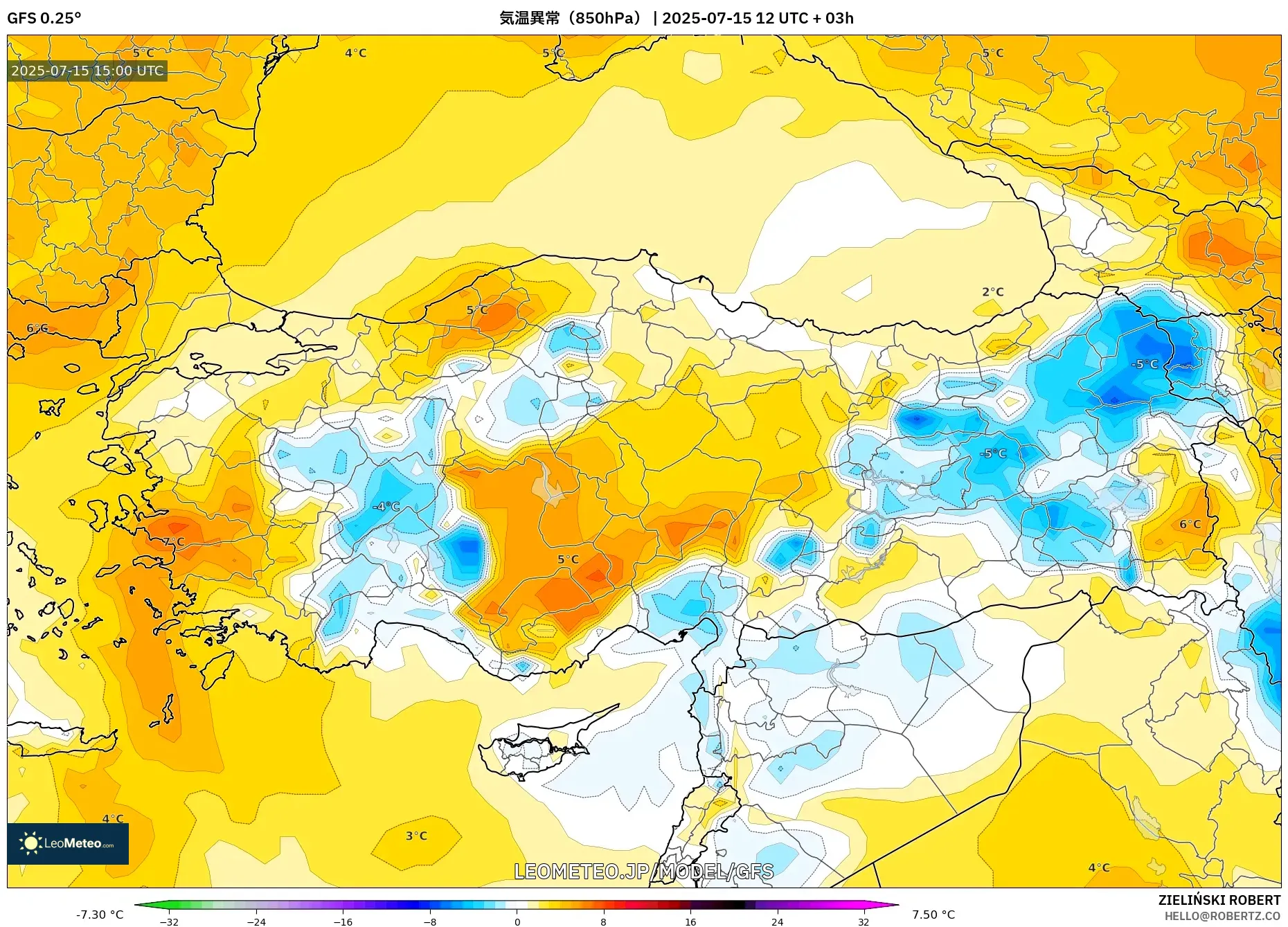 GFS model - トルコ, 気温異常(850hPa) GFS model - トルコ, 気温異常(850hPa)