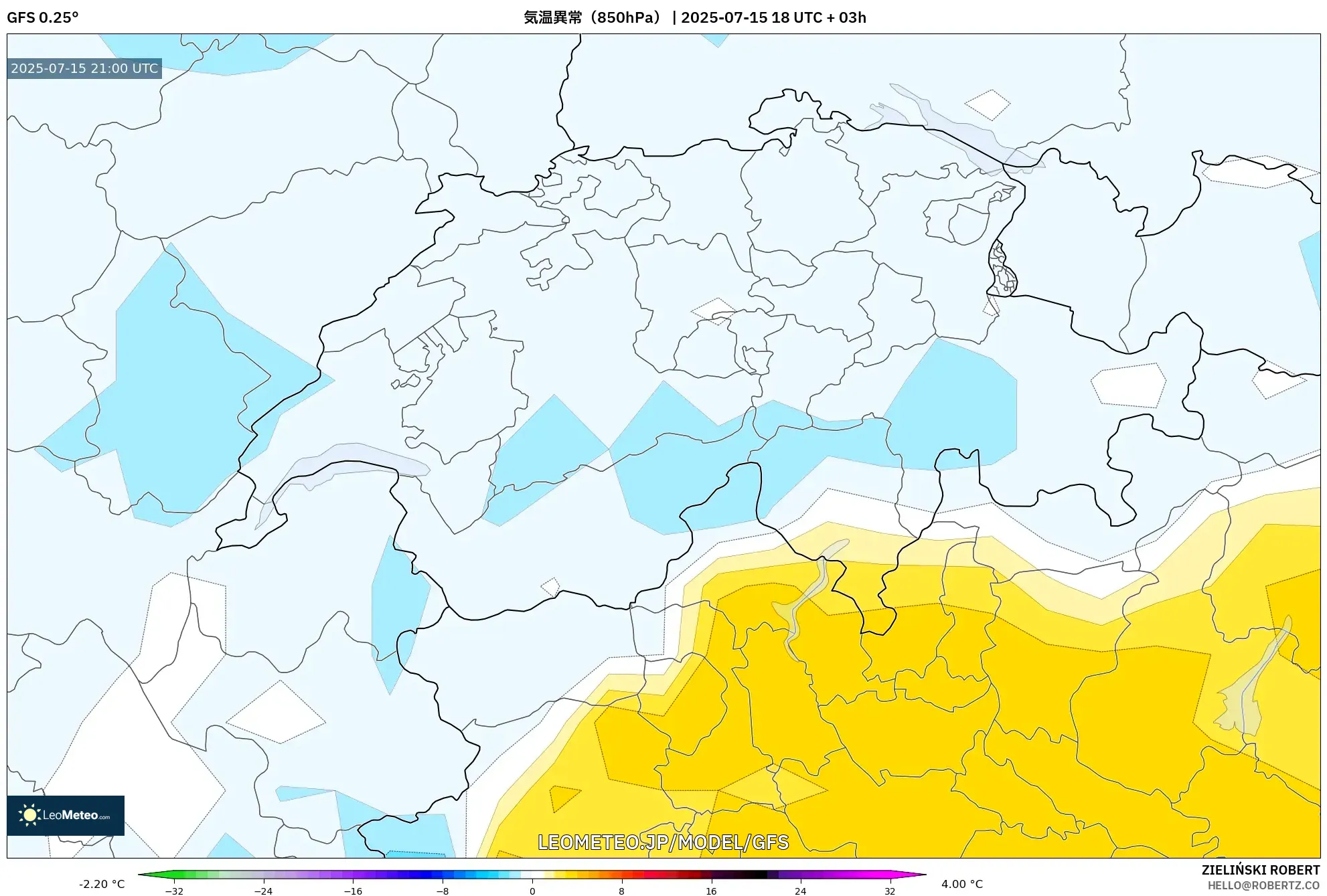 GFS model - スイス, 気温異常(850hPa) GFS model - スイス, 気温異常(850hPa)