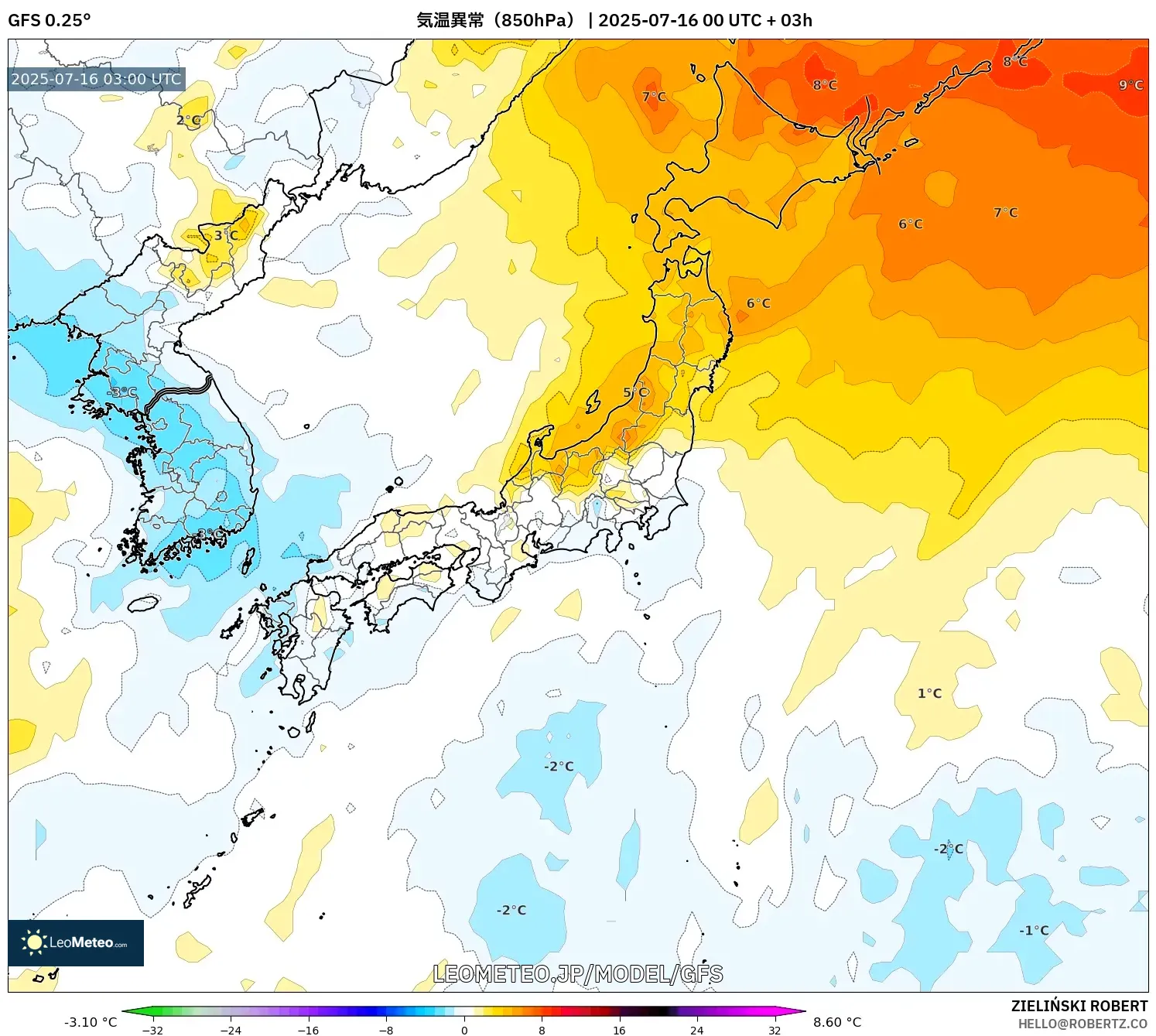 GFS model - 日本, 気温異常(850hPa) GFS model - 日本, 気温異常(850hPa)