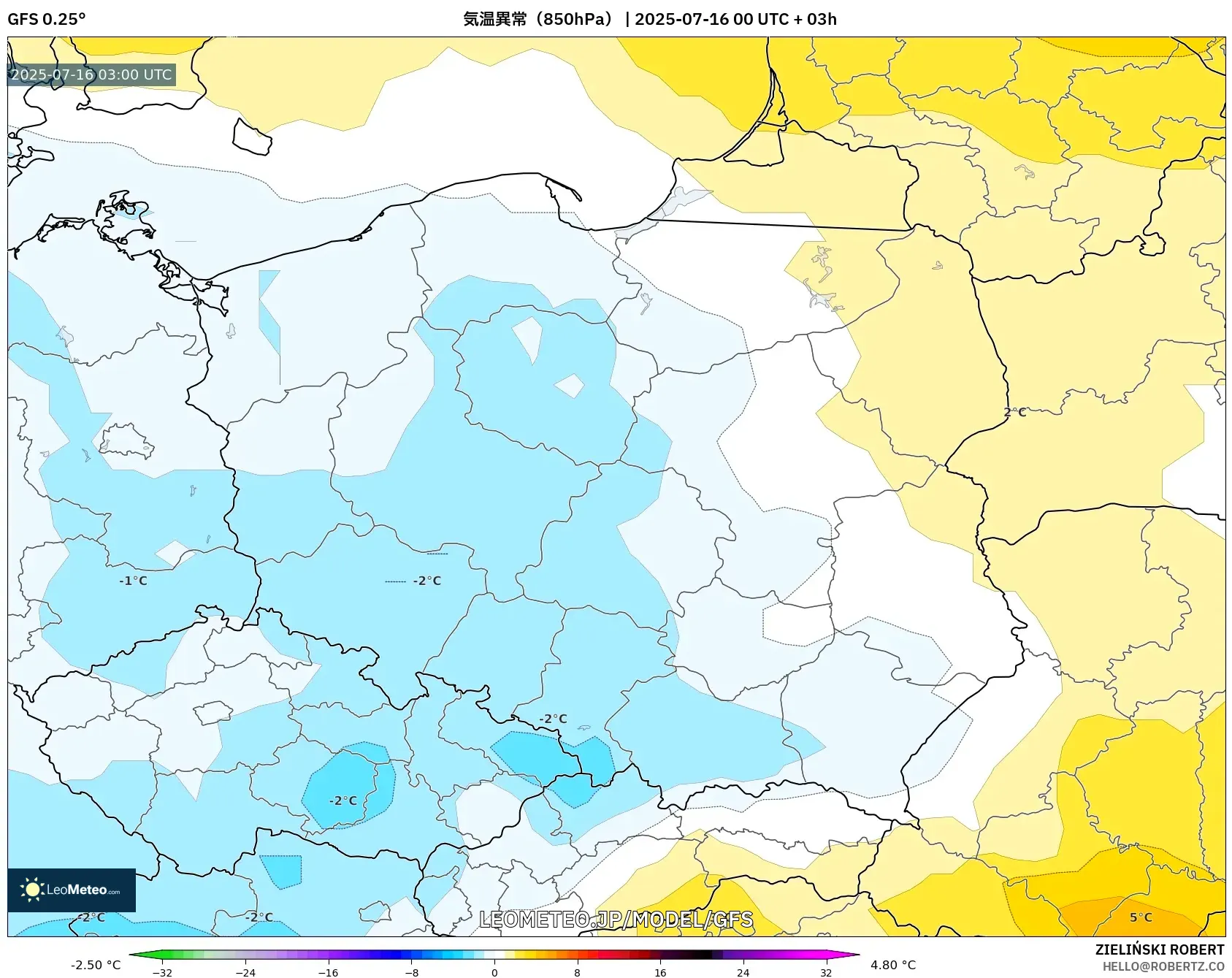 GFS model - ポーランド, 気温異常(850hPa) GFS model - ポーランド, 気温異常(850hPa)