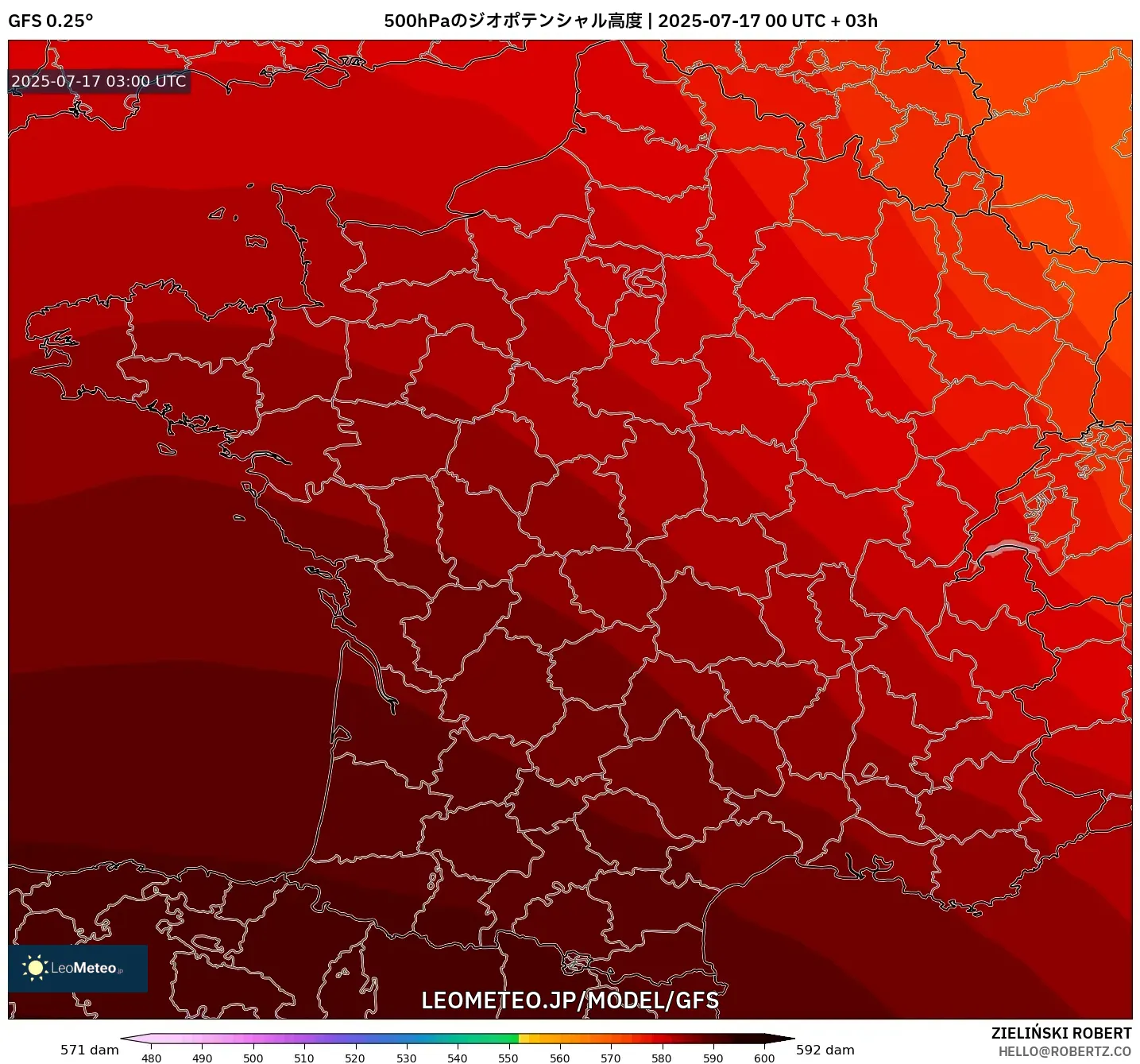 GFS model - フランス, 500hPaのジオポテンシャル高度 GFS model - フランス, 500hPaのジオポテンシャル高度