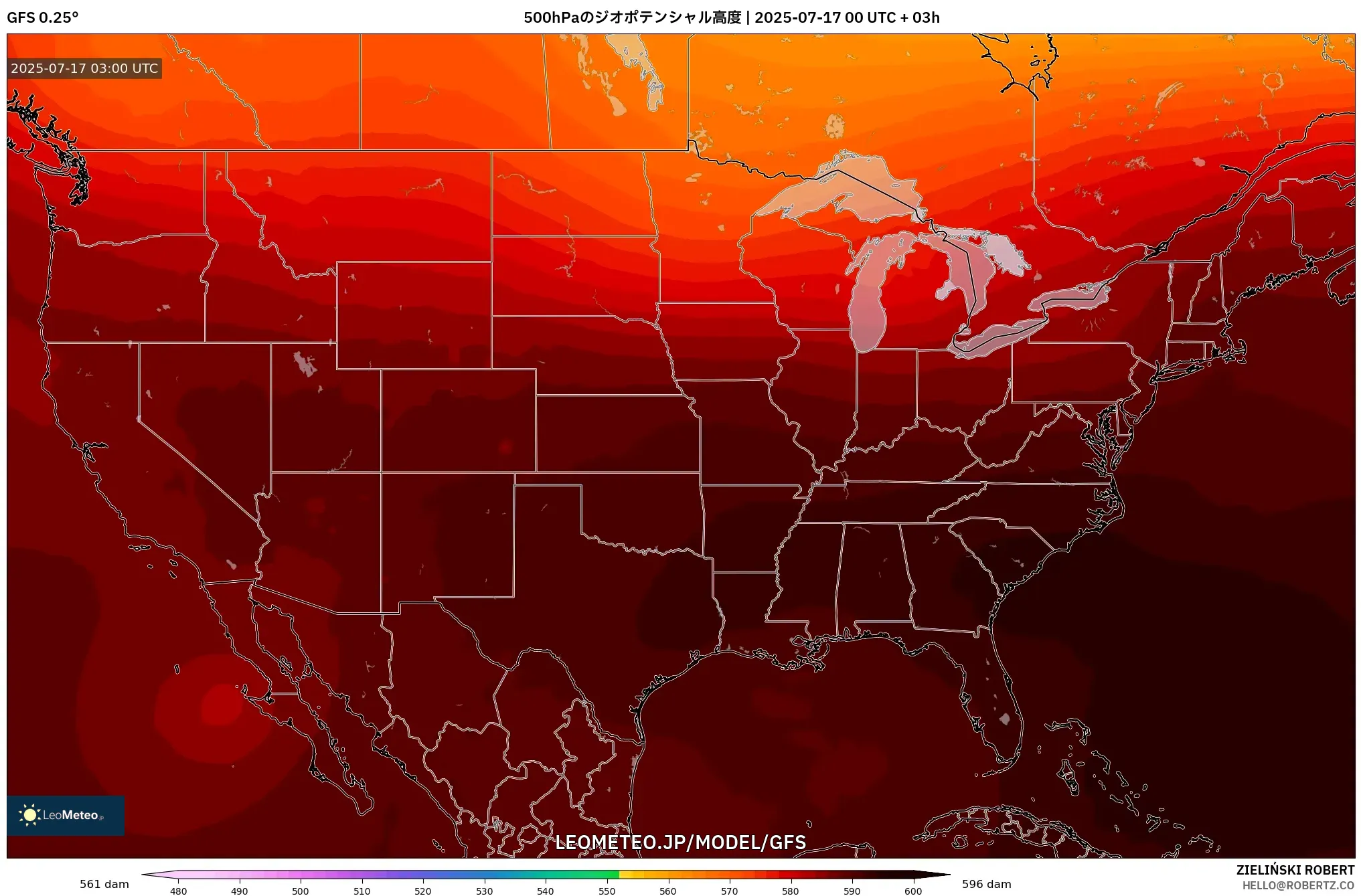 GFS model - アメリカ合衆国, 500hPaのジオポテンシャル高度 GFS model - アメリカ合衆国, 500hPaのジオポテンシャル高度