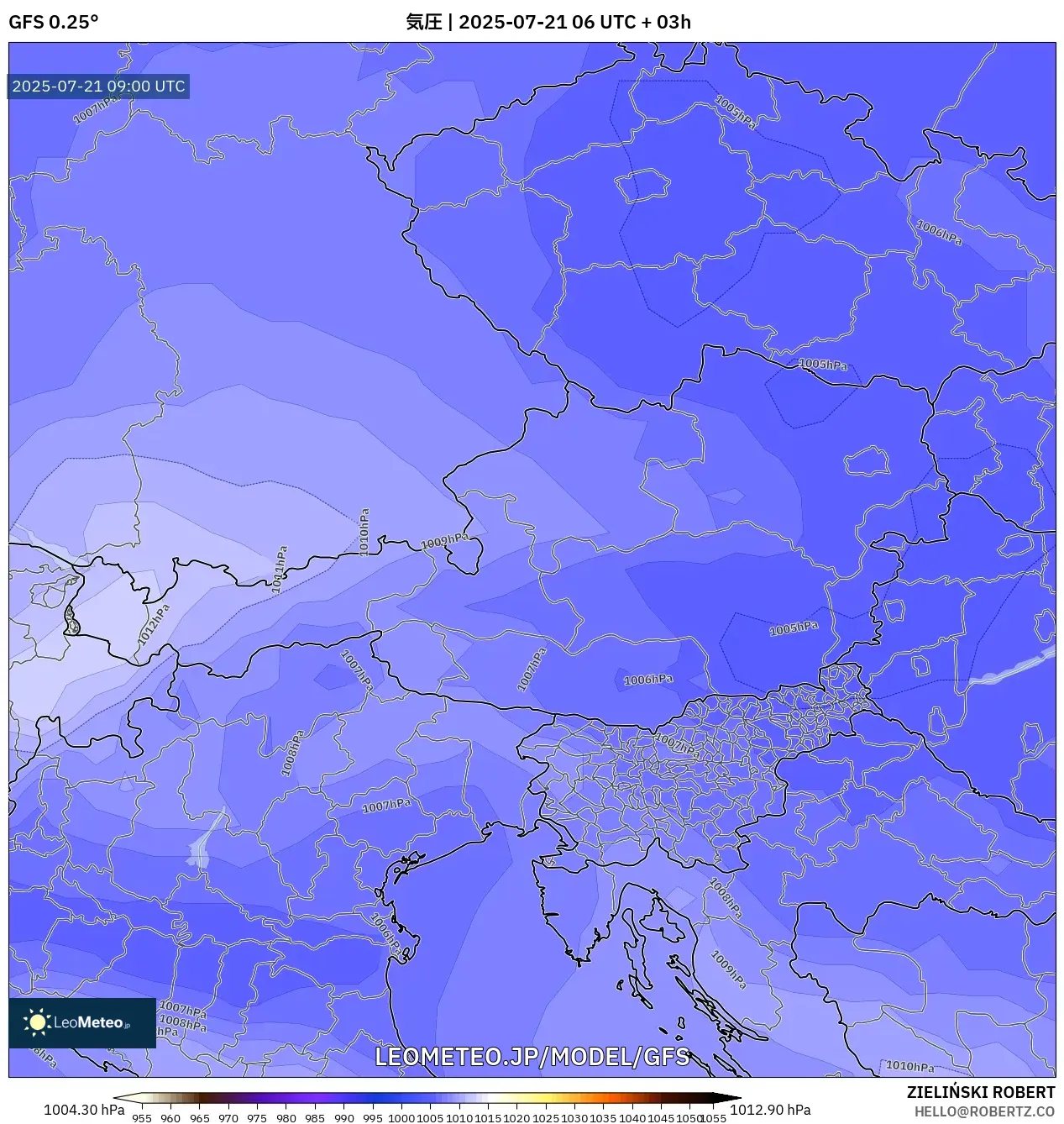 GFS model - オーストリア, 気圧 GFS model - オーストリア, 気圧