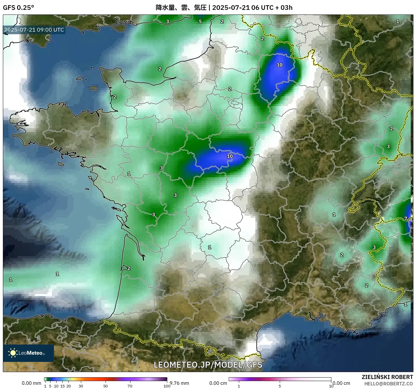 GFS model - フランス, 降水量、雲、気圧 GFS model - フランス, 降水量、雲、気圧