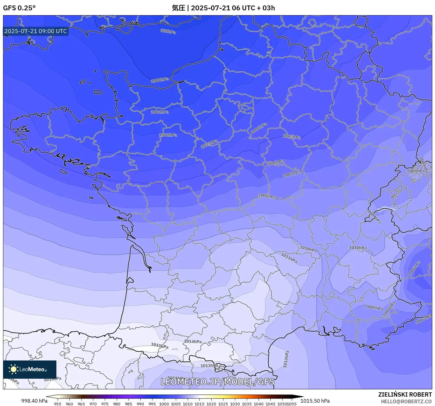 GFS model - フランス, 気圧 GFS model - フランス, 気圧