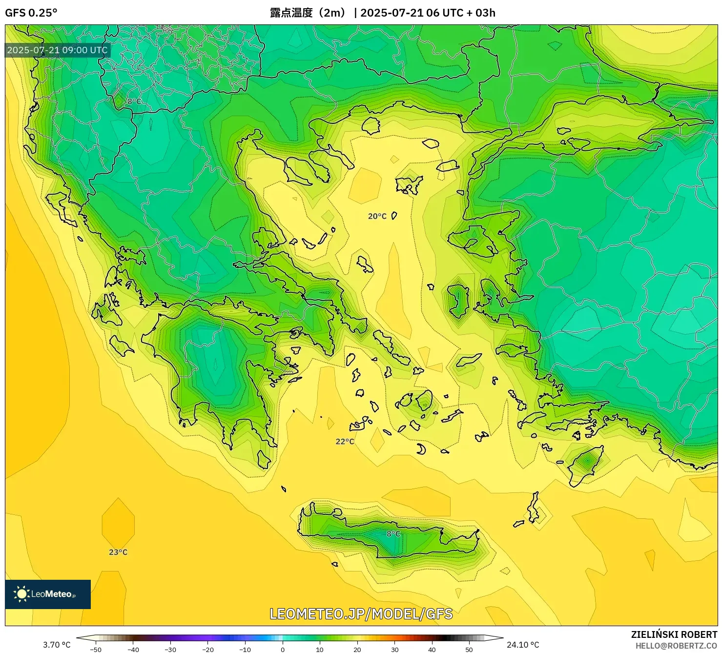 GFS model - ギリシャ, 露点温度(2m) GFS model - ギリシャ, 露点温度(2m)
