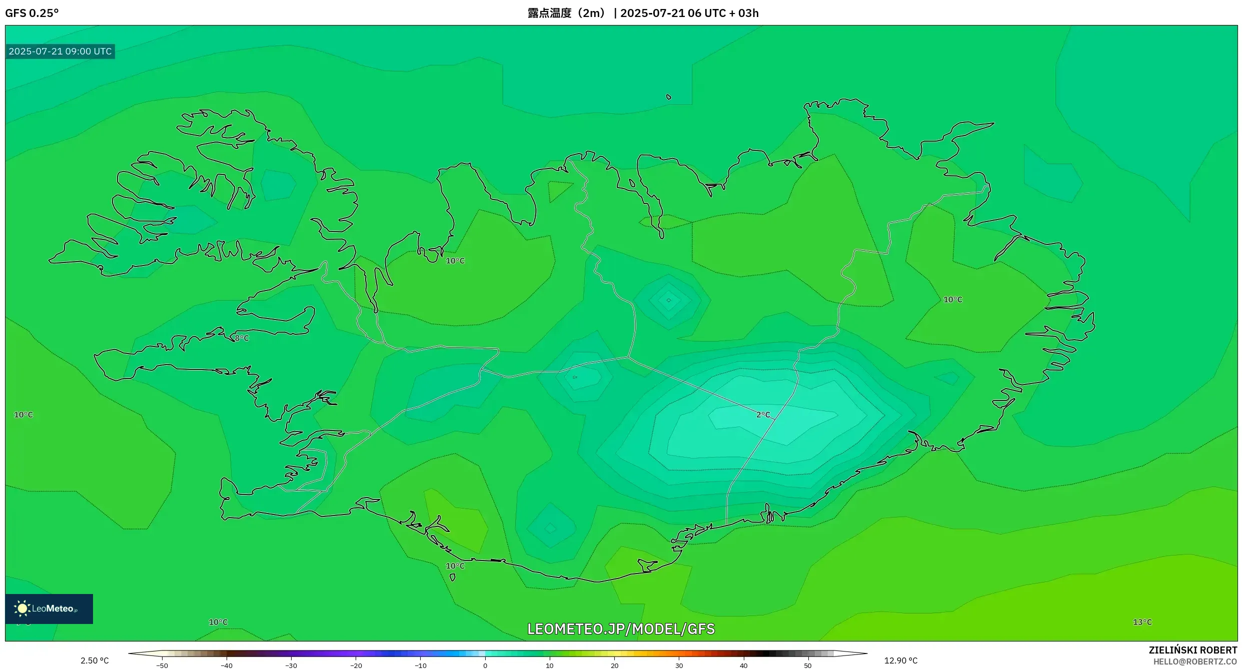 GFS model - アイスランド, 露点温度(2m) GFS model - アイスランド, 露点温度(2m)