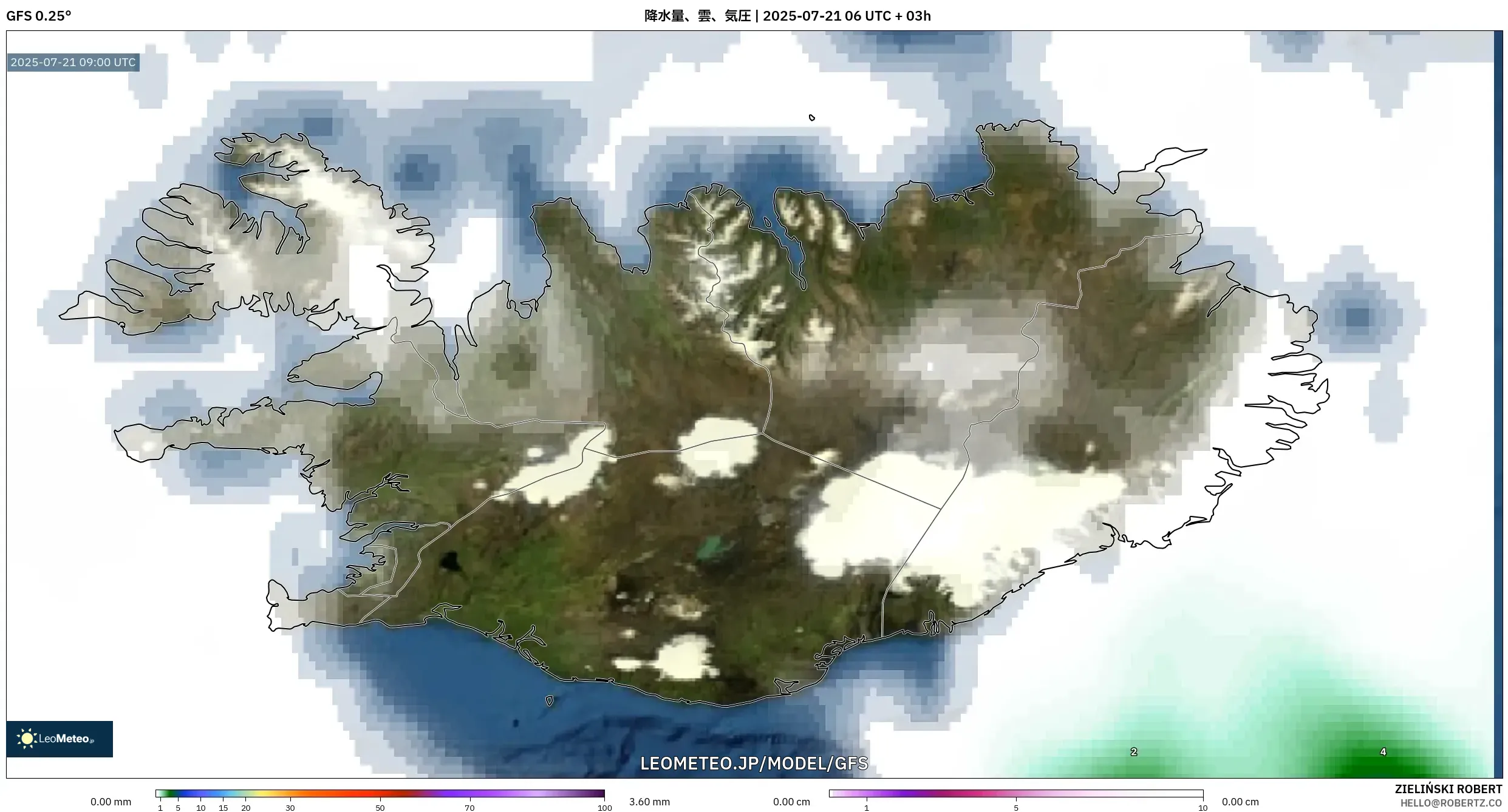 GFS model - アイスランド, 降水量、雲、気圧 GFS model - アイスランド, 降水量、雲、気圧
