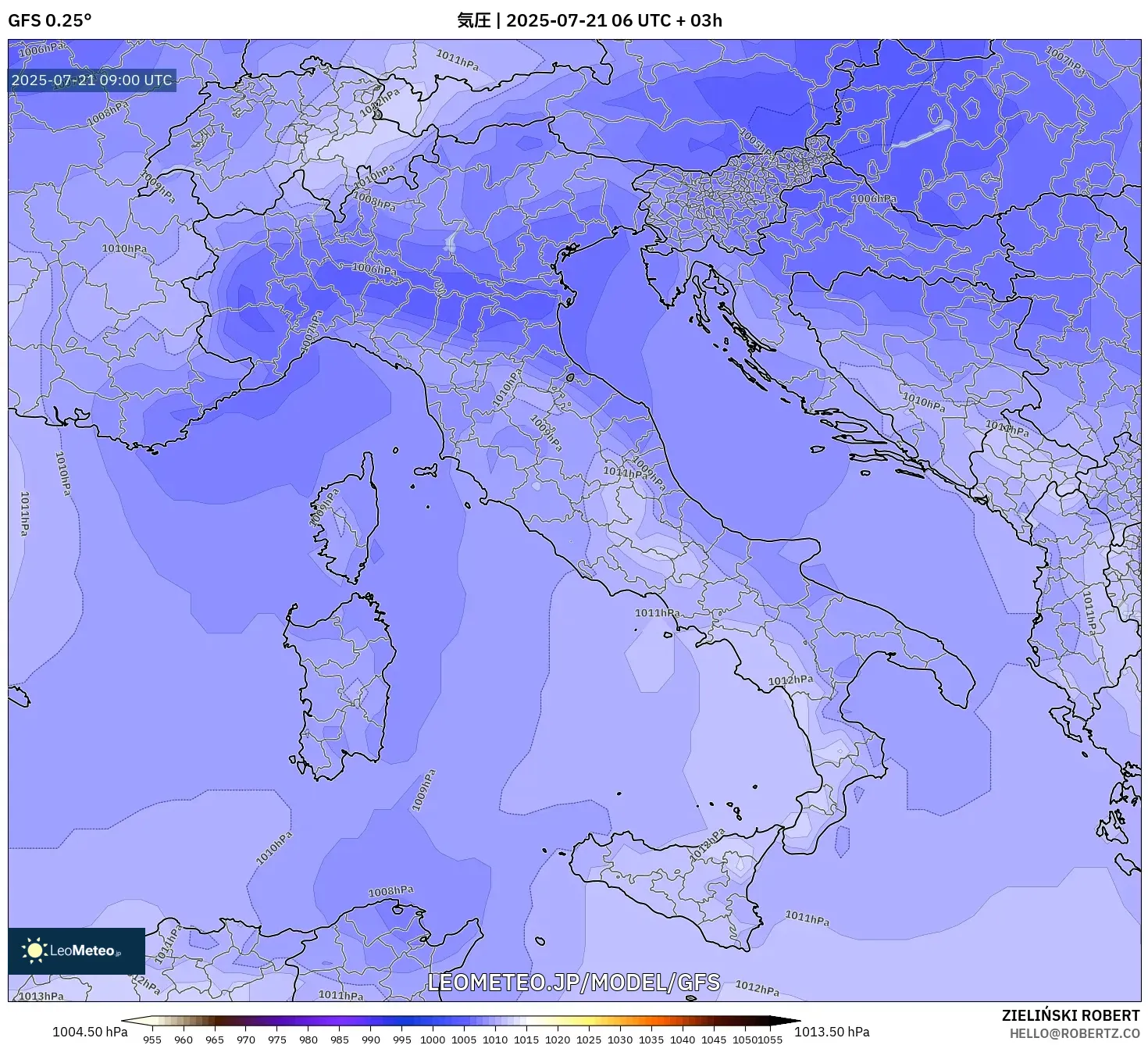 GFS model - イタリア, 気圧 GFS model - イタリア, 気圧