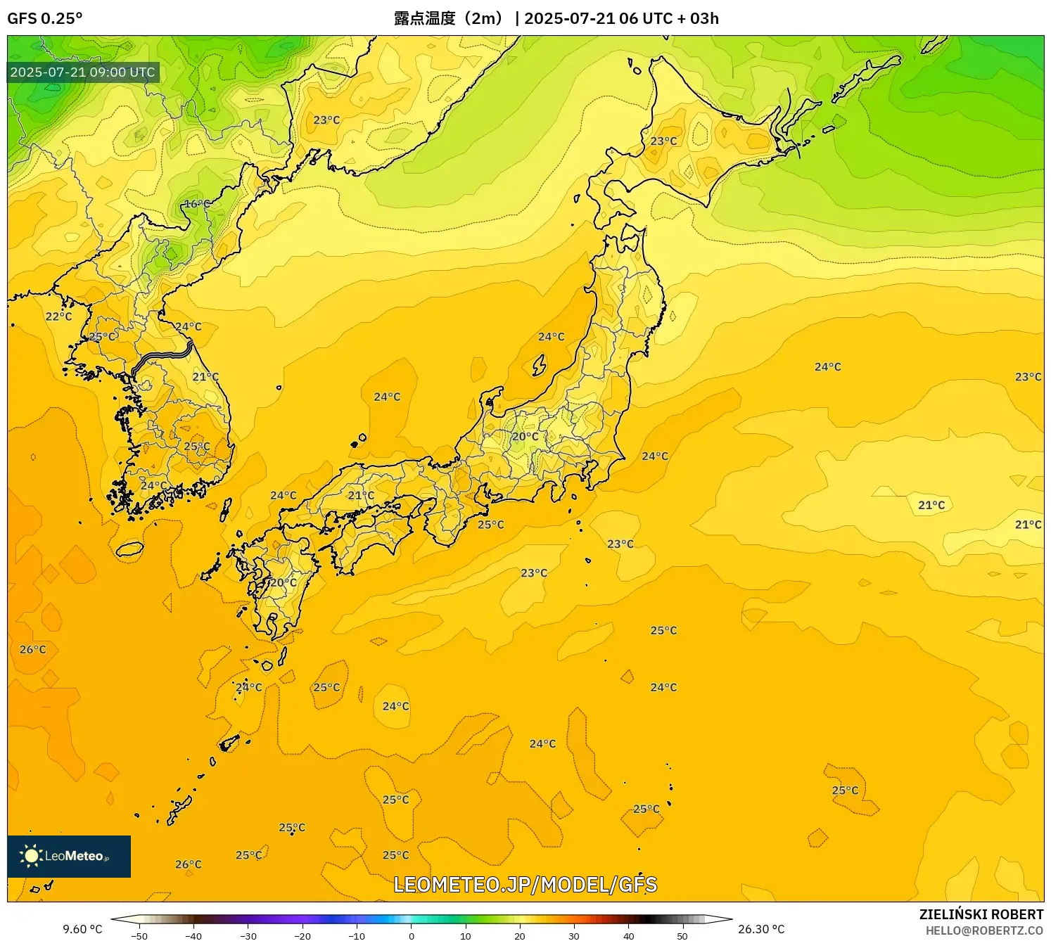 GFS model - 日本, 露点温度(2m) GFS model - 日本, 露点温度(2m)