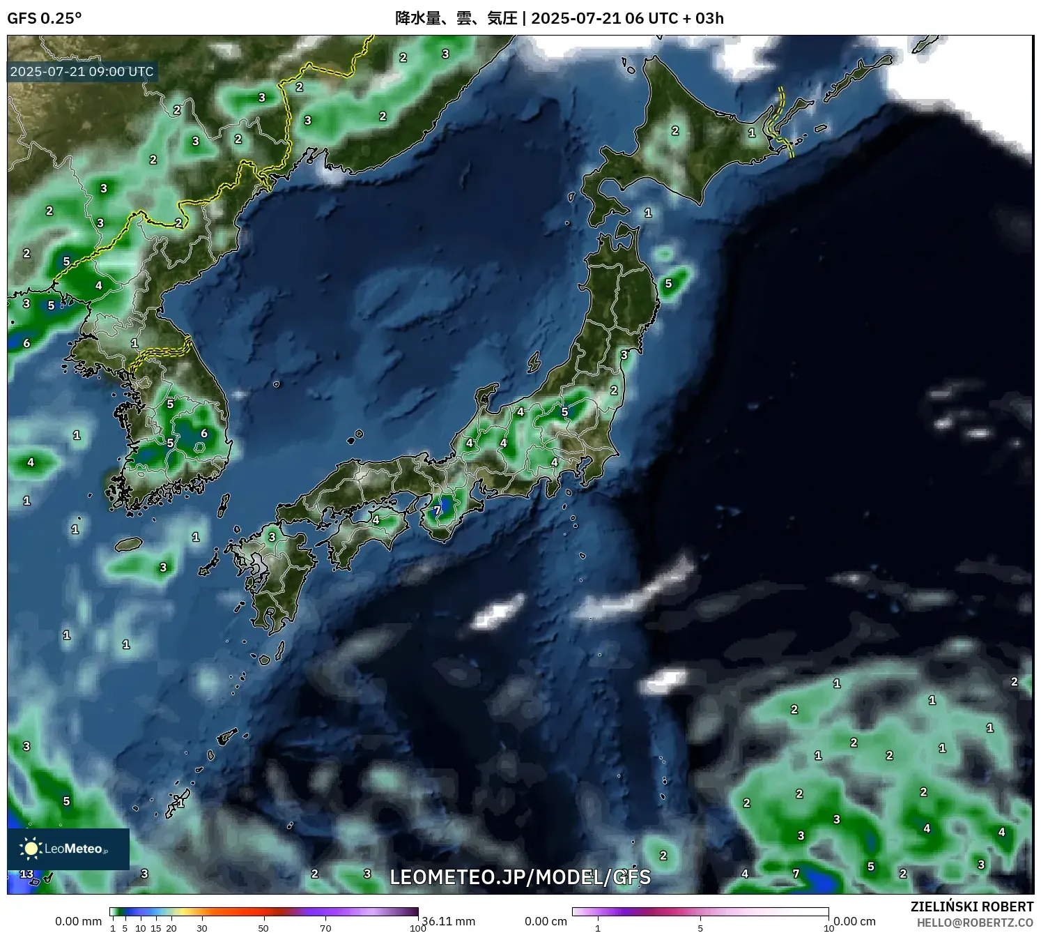 GFS model - 日本, 降水量、雲、気圧 GFS model - 日本, 降水量、雲、気圧
